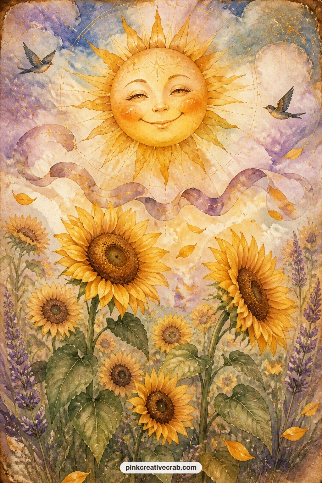 Smiling Sun Over Sunflowers printable page — Pair this page with the celestial stars and moons background from this set: trim the sun scene into an arch and