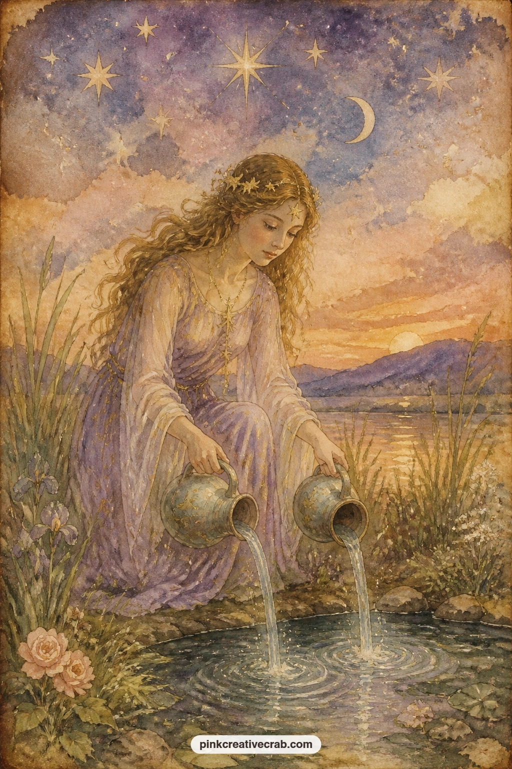 Star Maiden Pouring Water printable page — The usual trouble with a figure page like this is leaving her floating on bare paper, which flattens the whole