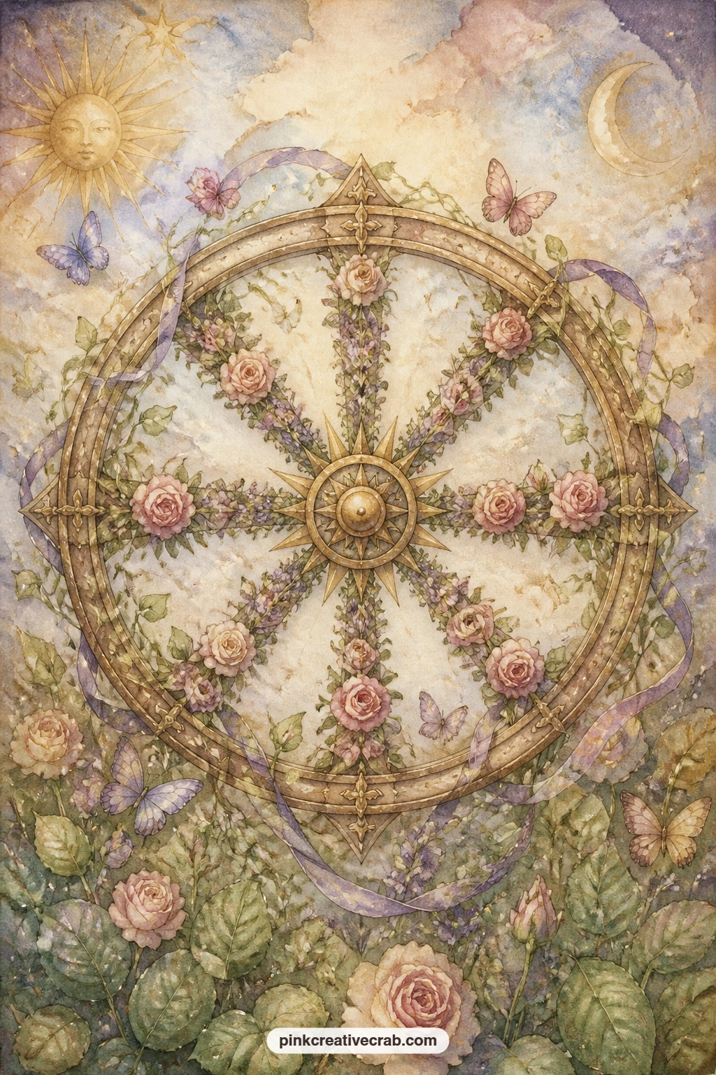 Wheel Of Fortune With Floral Spokes printable page — This one is lovely for the friend in a gift journal who is mid decision or waiting on news: leave the