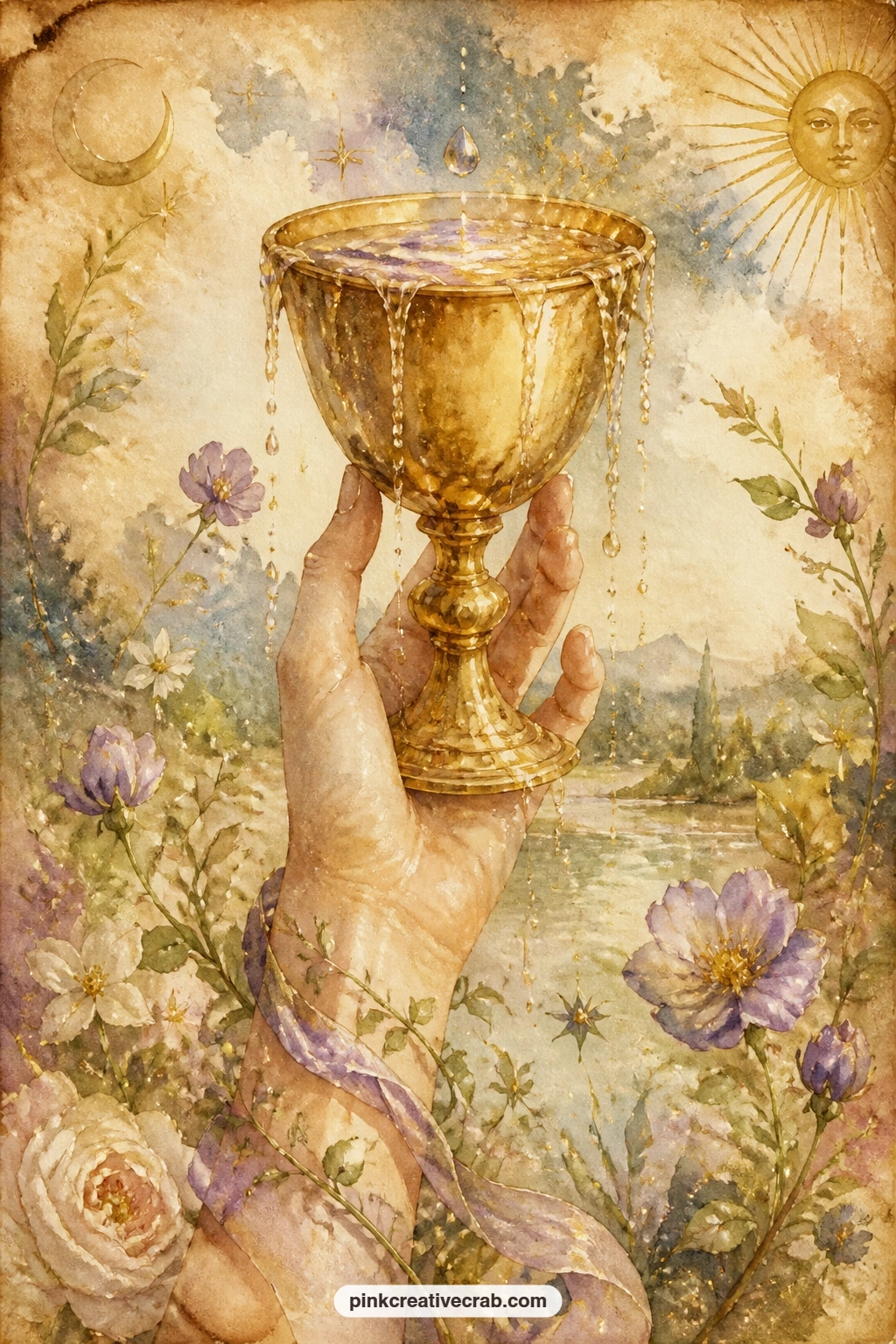 Hand Holding A Golden Cup printable page — Ask yourself on this page what you are grateful to be holding right now, and let the answer spill into the lines