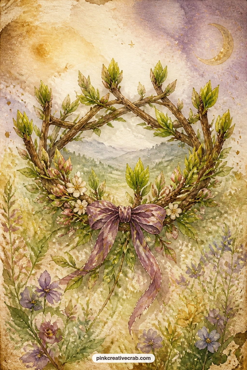 Crown Of Wands And Spring Leaves printable page — A crossed pair of budding wands sits at the center of a crown shape made from fresh spring leaves, with small