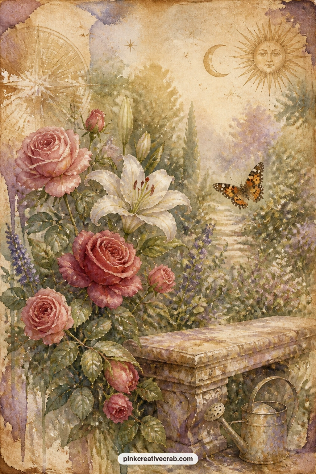 Rose And Lily Garden Card printable page — Try the five minute version of this page when you are short on time: a single stem of roses beside one white lily, a