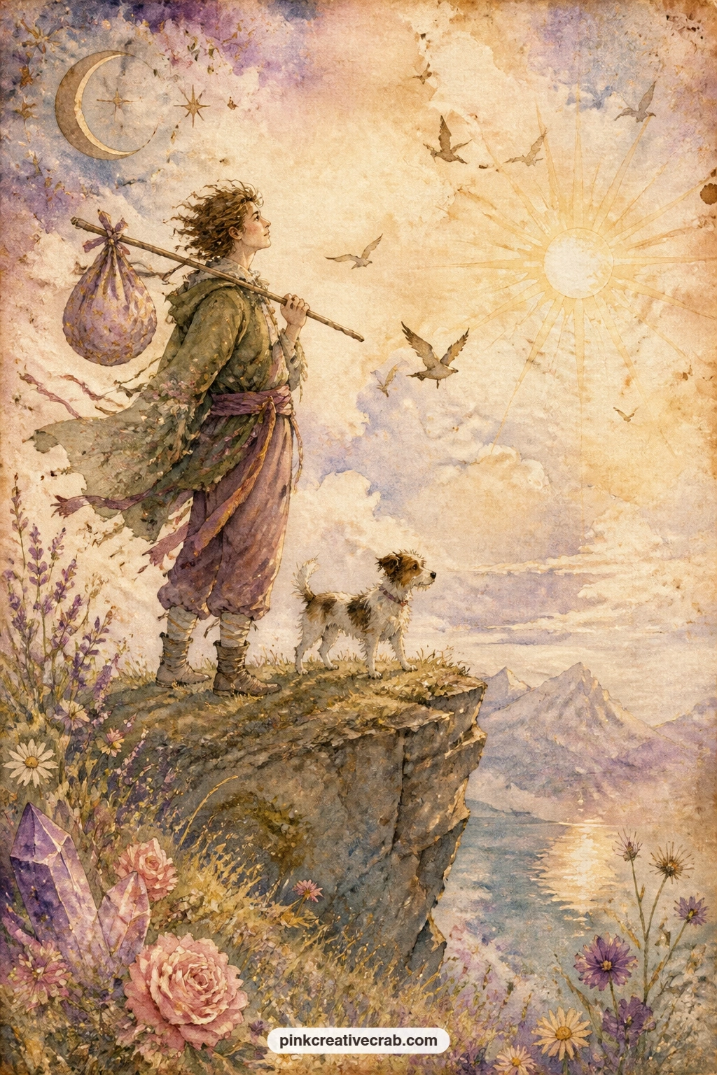 Fool And Little Dog On A Cliff printable page — Place this page beside the hermit's mountain path page in your spread so the two travelers seem to be walking