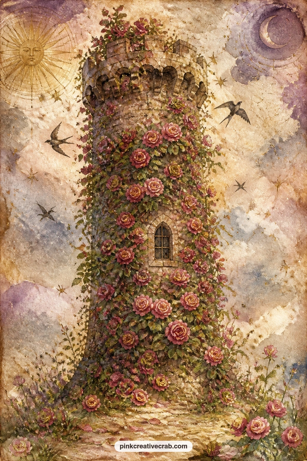 Tower Covered In Climbing Roses printable page — The tower itself can read a little stark on its own, so let the climbing roses wrap most of the stone and