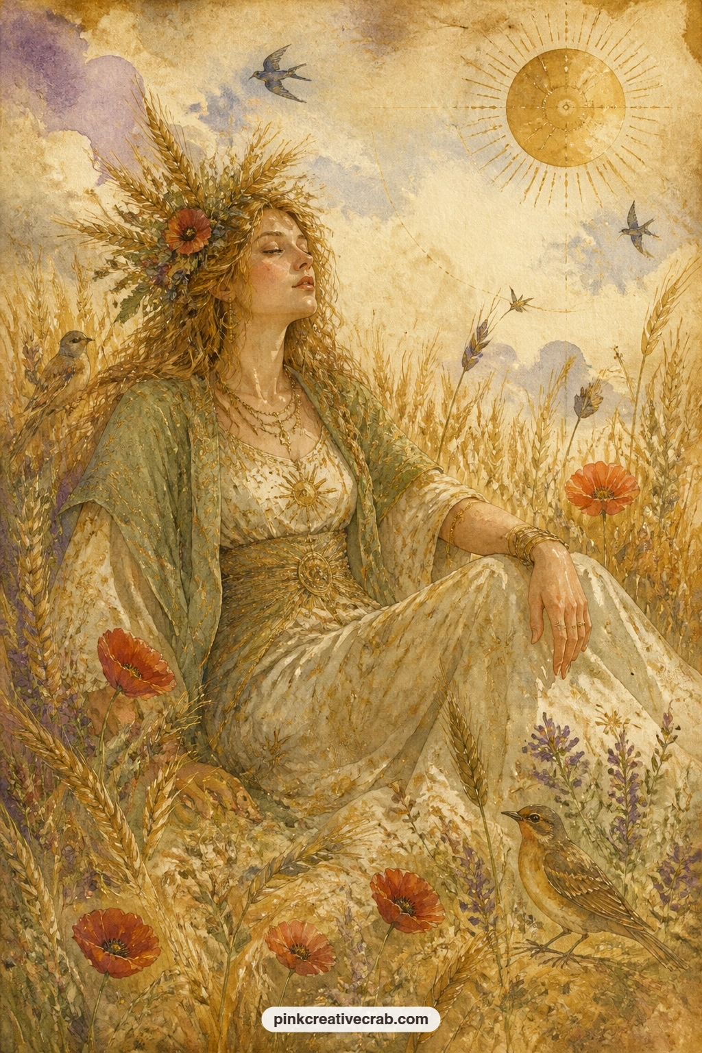 Empress Resting In The Wheat Field printable page — A seated figure rests among tall golden wheat, a crown of wheat stalks and small flowers in her hair, with