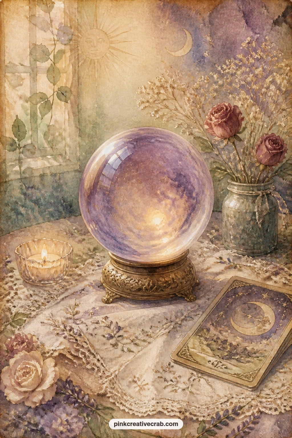 Crystal Ball On Lace Tablecloth printable page — Tear the bottom edge of this page unevenly before gluing it in, so the lace tablecloth seems to spill past the