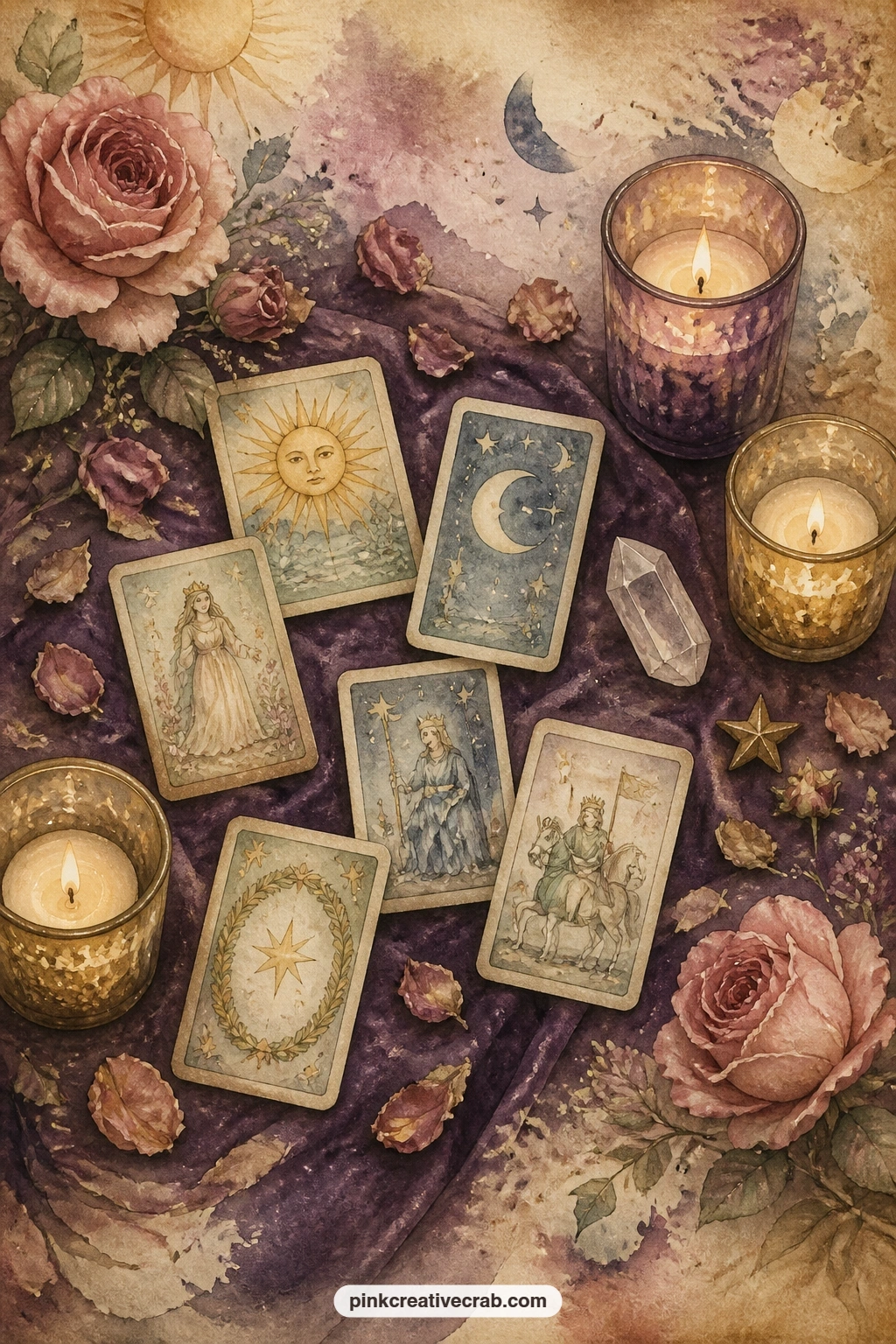 Tarot Spread On Velvet With Candles printable page — Three or four small tarot-style cards lie face up on a deep velvet cloth, with lit candles, a scattering
