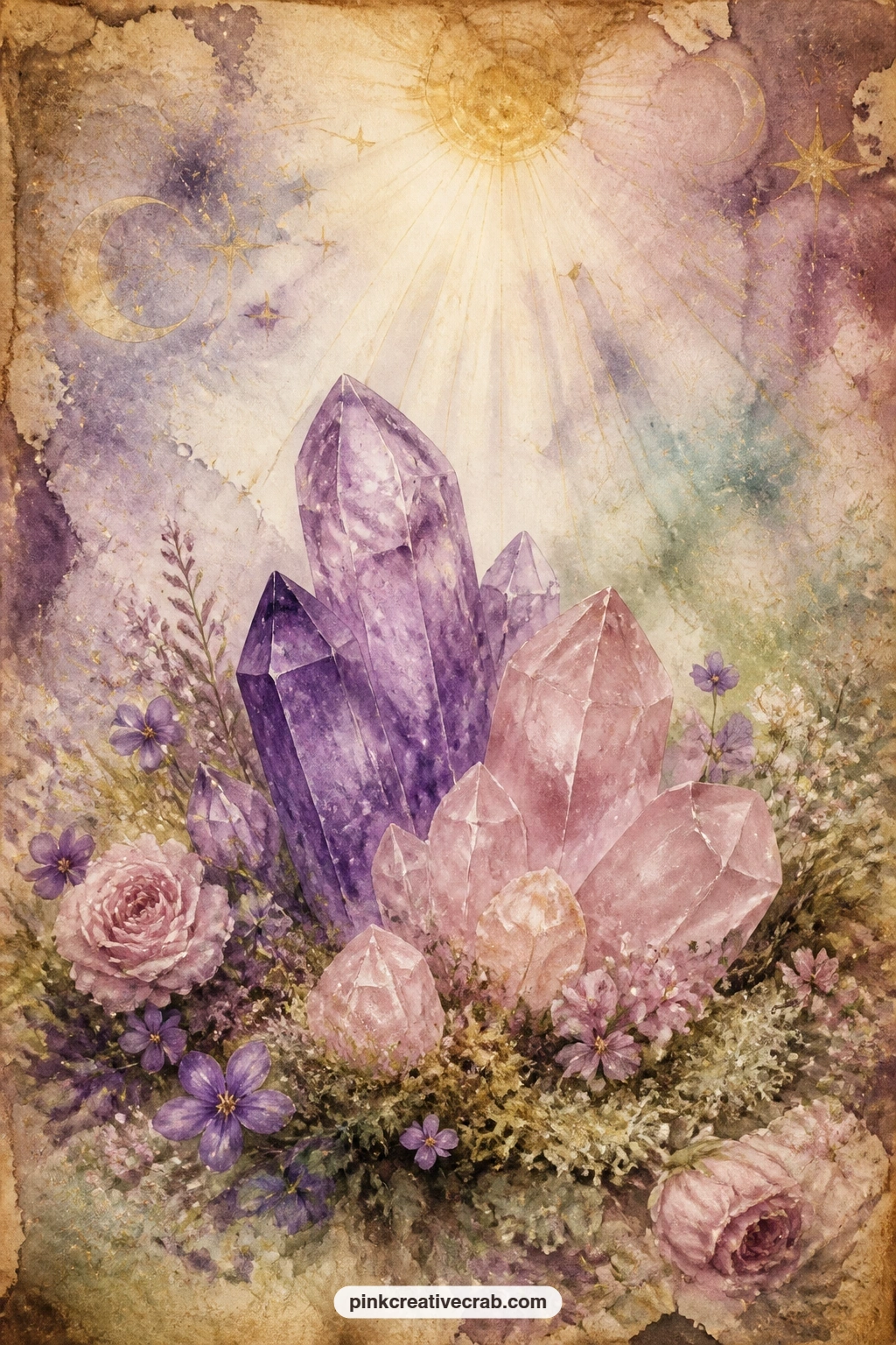 Amethyst And Rose Quartz Cluster printable page — Cut a small window into the facing page of your journal so this crystal cluster peeks through from