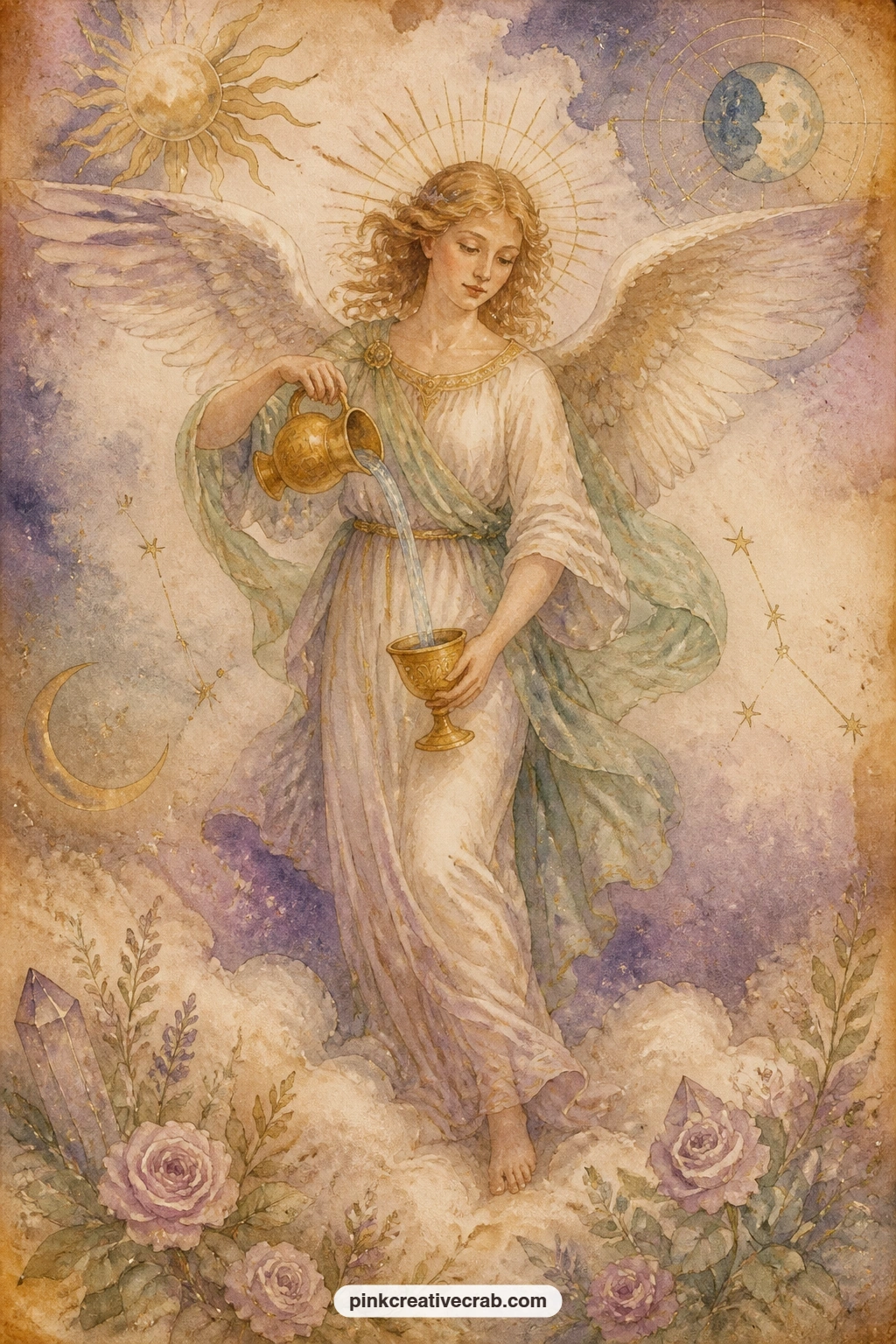 Temperance Angel Pouring Between Cups printable page — The usual mistake here is painting the stream of water too thin to read once printed small, so keep a