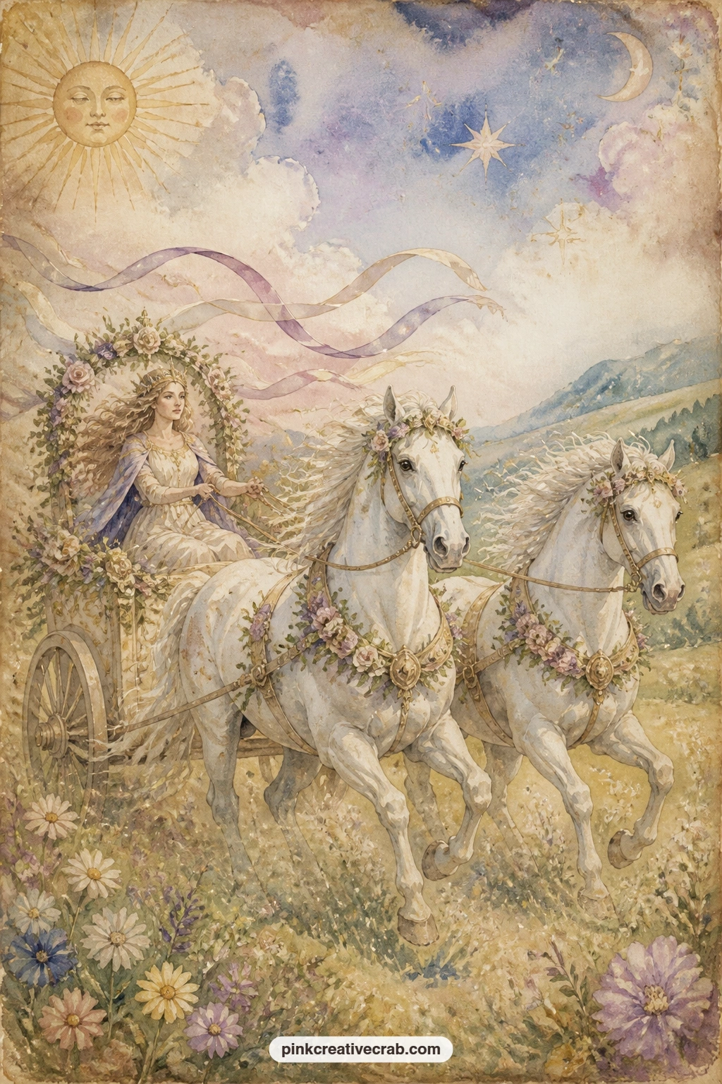 Chariot Pulled By White Horses printable page — Two pale horses pull a small flower-trimmed chariot across an open field, with ribbons streaming behind and a