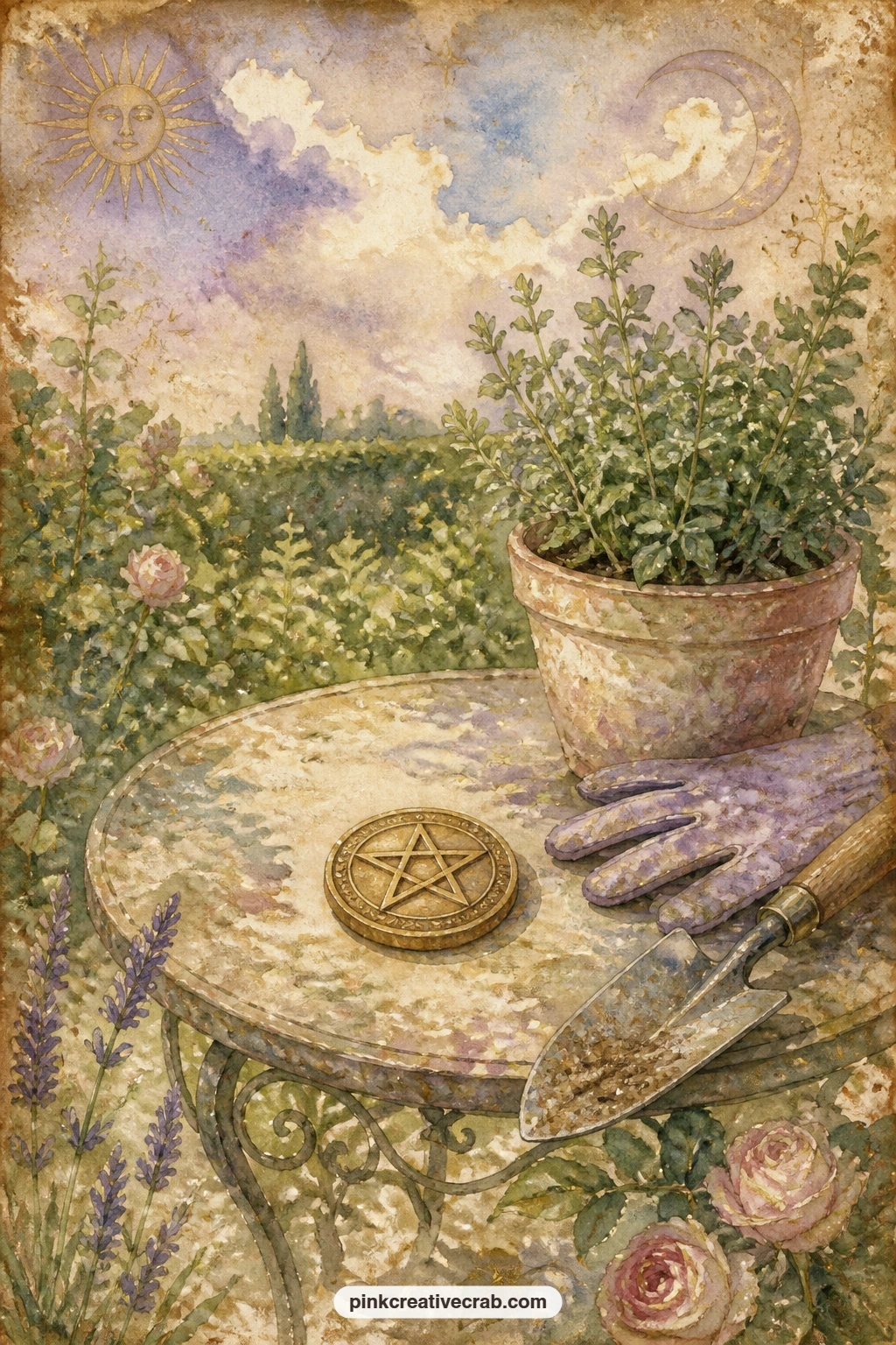 Pentacle Coin On Garden Table printable page — A single engraved coin rests on a small garden table alongside a potted herb, a pair of gloves and a trowel