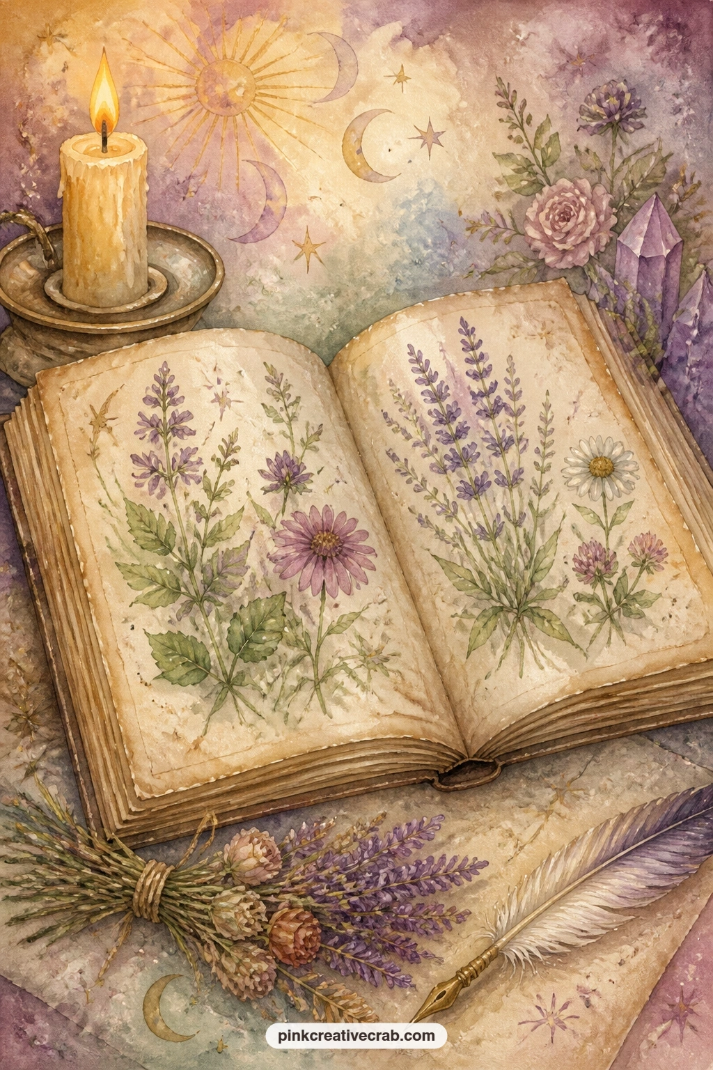 Open Book Of Herbs And A Candle printable page — Use this page for a short list of herbs or flowers you want to grow, dry or paint again next season, written