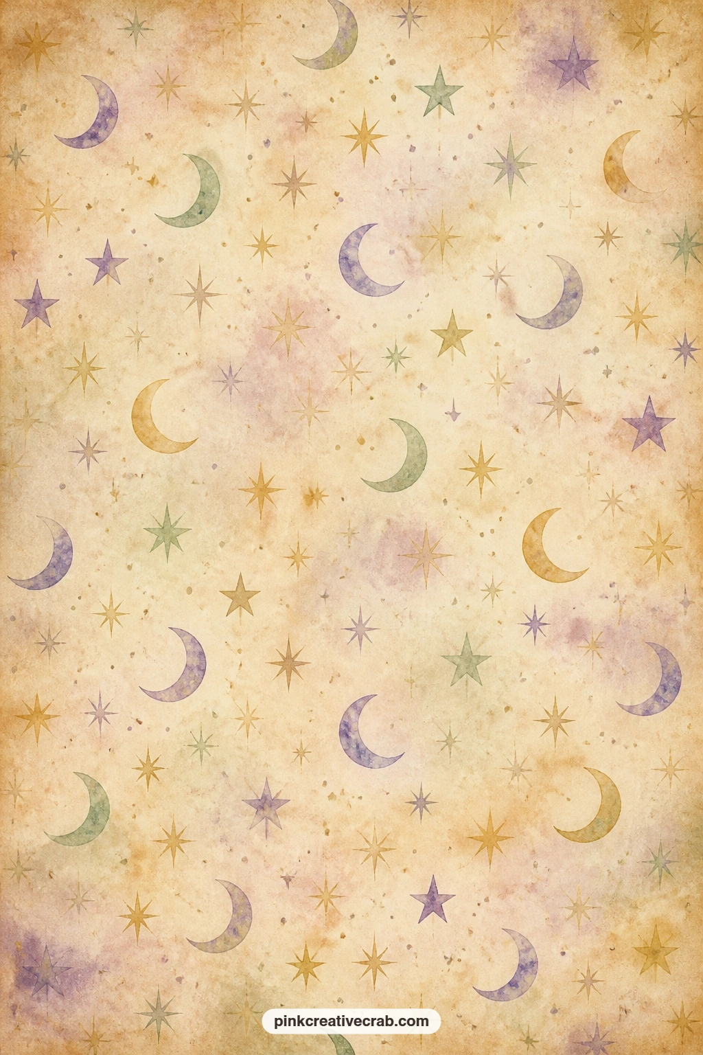Celestial Stars And Moons Pattern printable page — Use this all-over scatter of stars and crescent moons in dusty lilac and gold under a favorite photo, as a