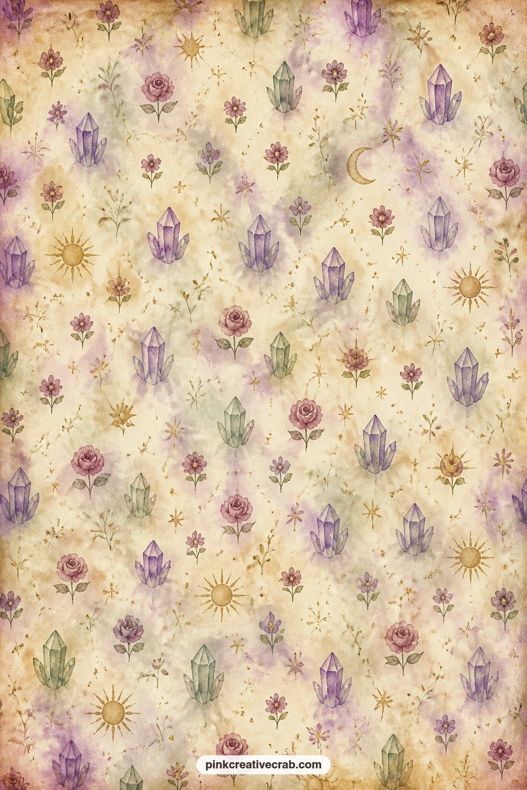 Crystal And Flower Pattern printable page — Try this scatter of small crystals and blossoms as the lining for an inside pocket, the backing behind a photo of a