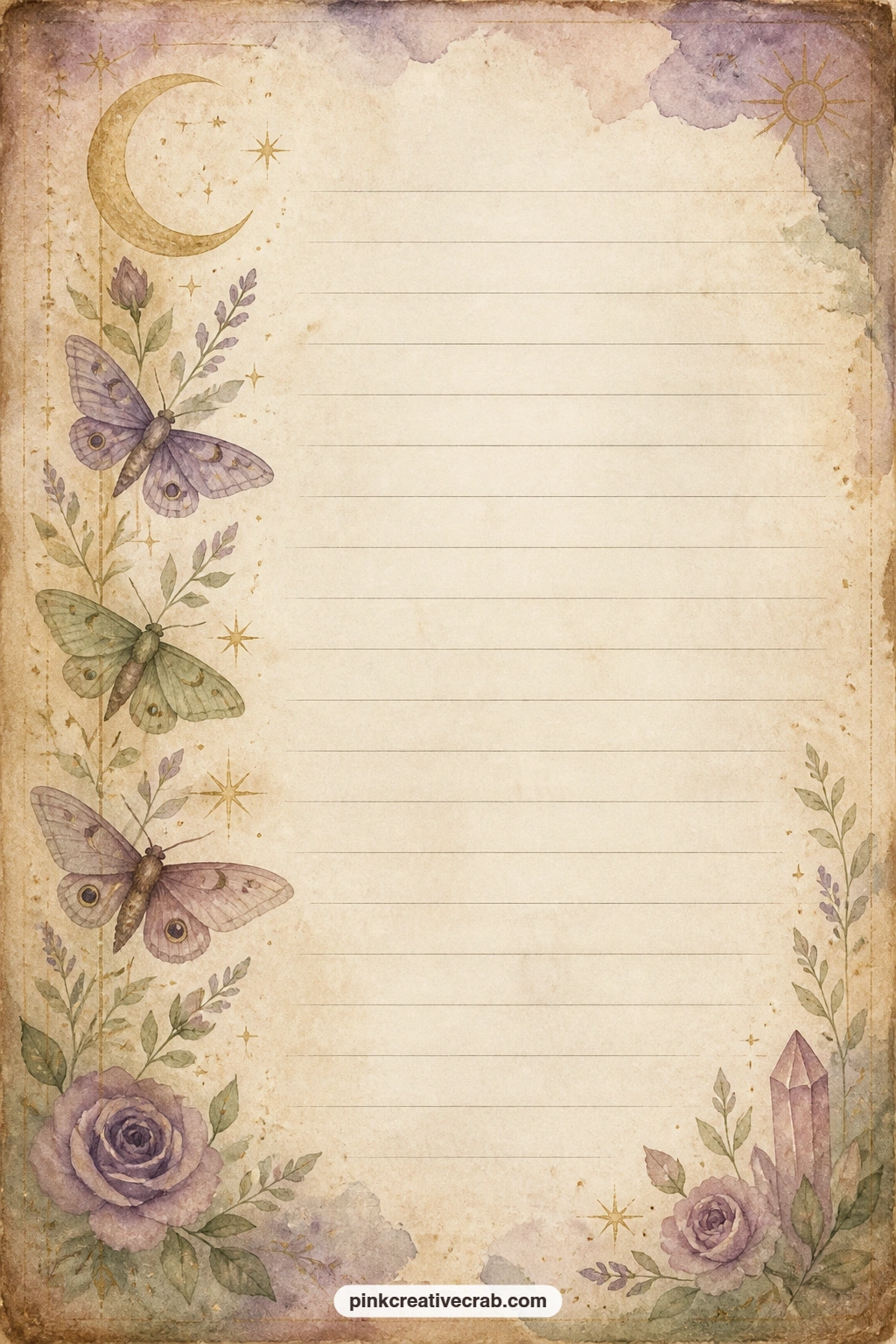 Moth And Crescent Spray Lined Page printable page — Use these lines for a packing list before a quiet retreat, a few lines about something you are ready to