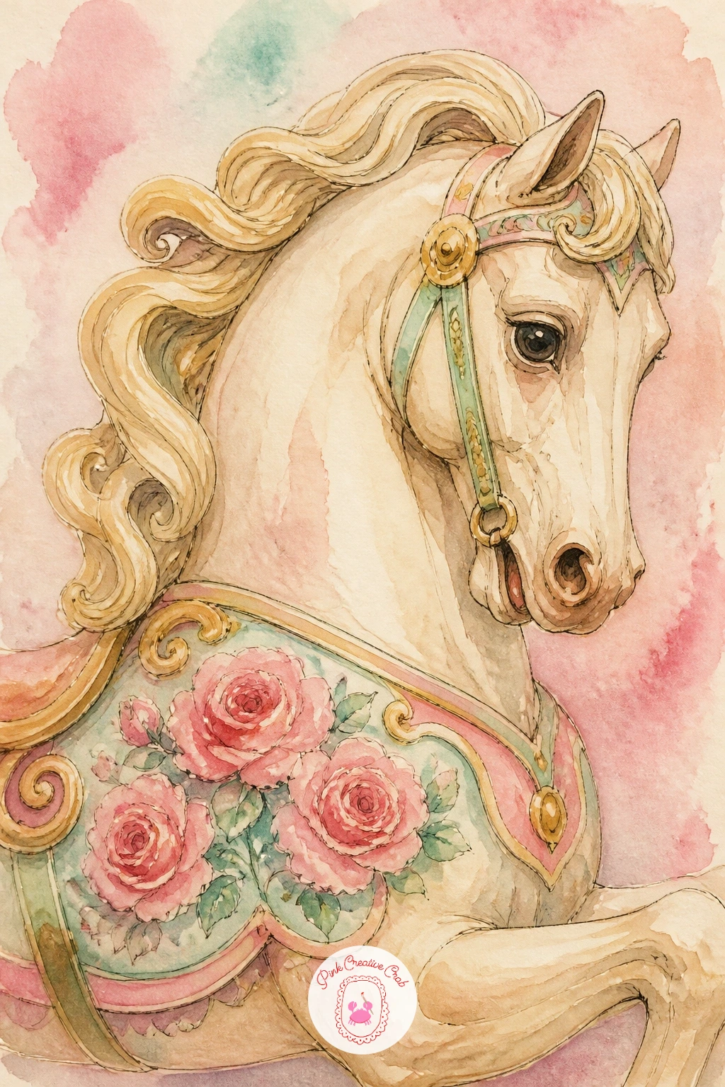 Painted Carousel Horse With Roses on Its Saddle — Painted carousel horse with roses on its saddle is the single-subject piece every nostalgic painter wants to