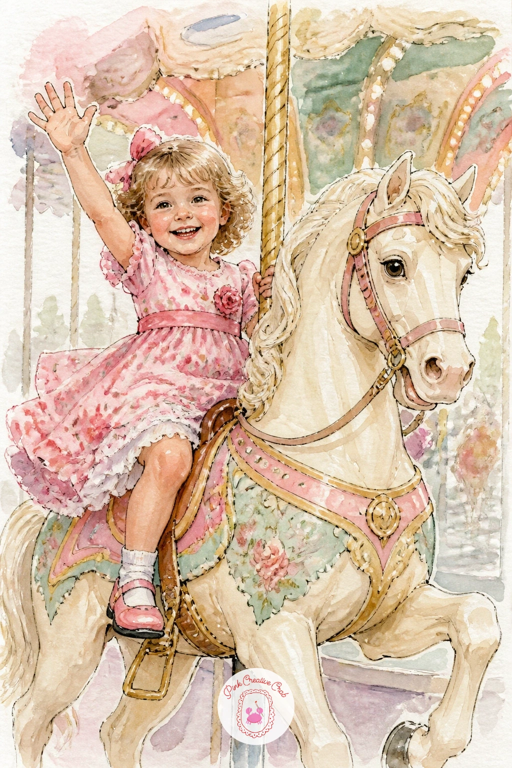Child Waving From a Carousel Horse — Bring a person into the scene now with a child waving from a carousel horse, which adds movement and warmth to what has so