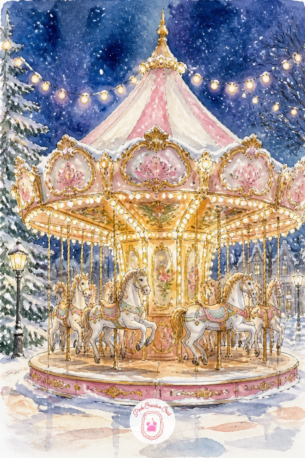 Carousel in the Snow With String Lights — Carousel in the snow with string lights turns the fairground into a winter evening scene, and the trick here is
