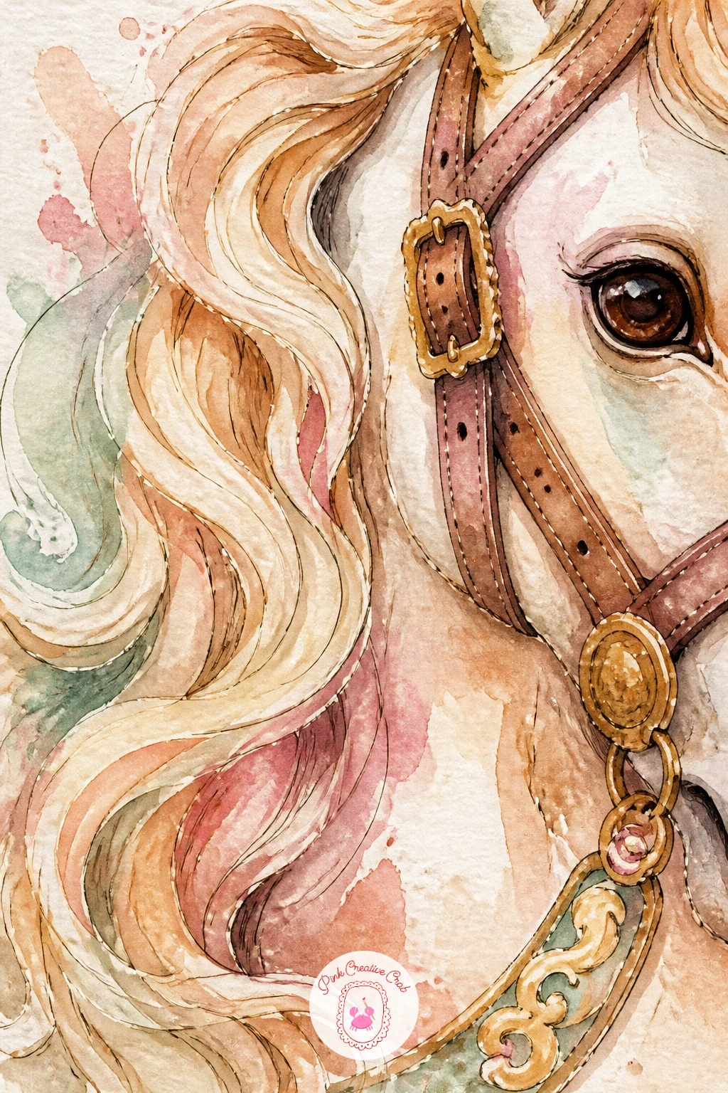 Close-Up of a Carousel Horse's Mane and Bridle — Zoom right in now with a close-up of a carousel horse's mane and bridle, a piece that works entirely on