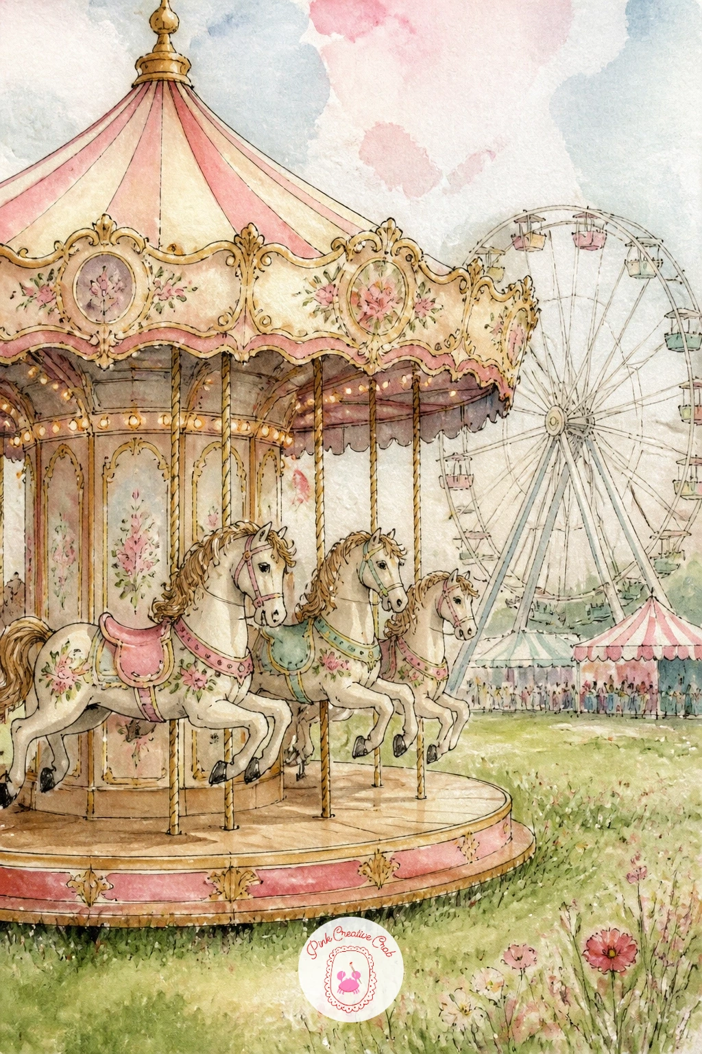 Carousel at a Country Fair With a Ferris Wheel Behind — Widen the view with a carousel at a country fair with a ferris wheel behind, which means managing two