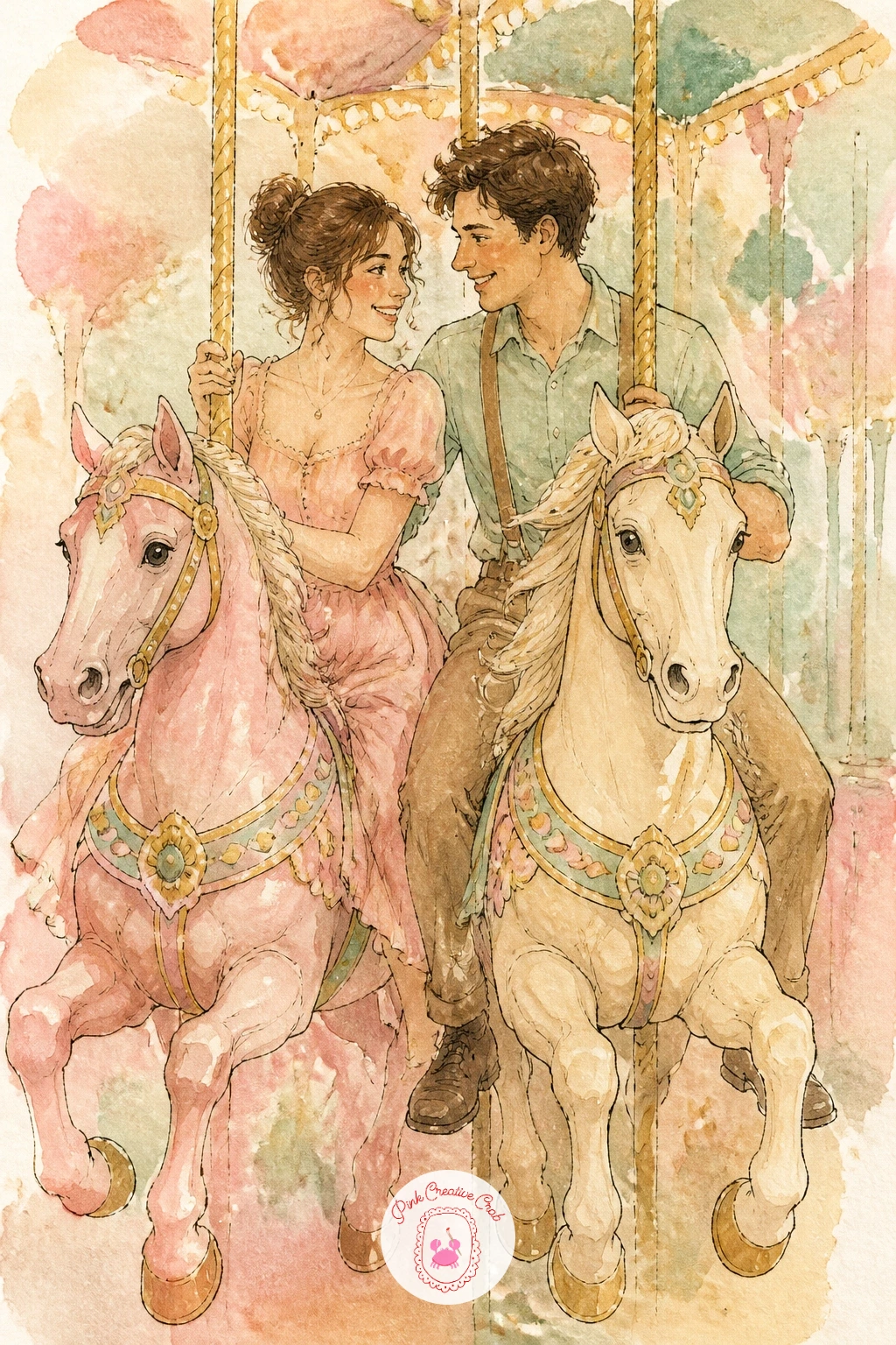 Couple Riding Side by Side on Carousel Horses — A couple riding side by side on carousel horses brings a quiet, tender moment into the fairground setting.