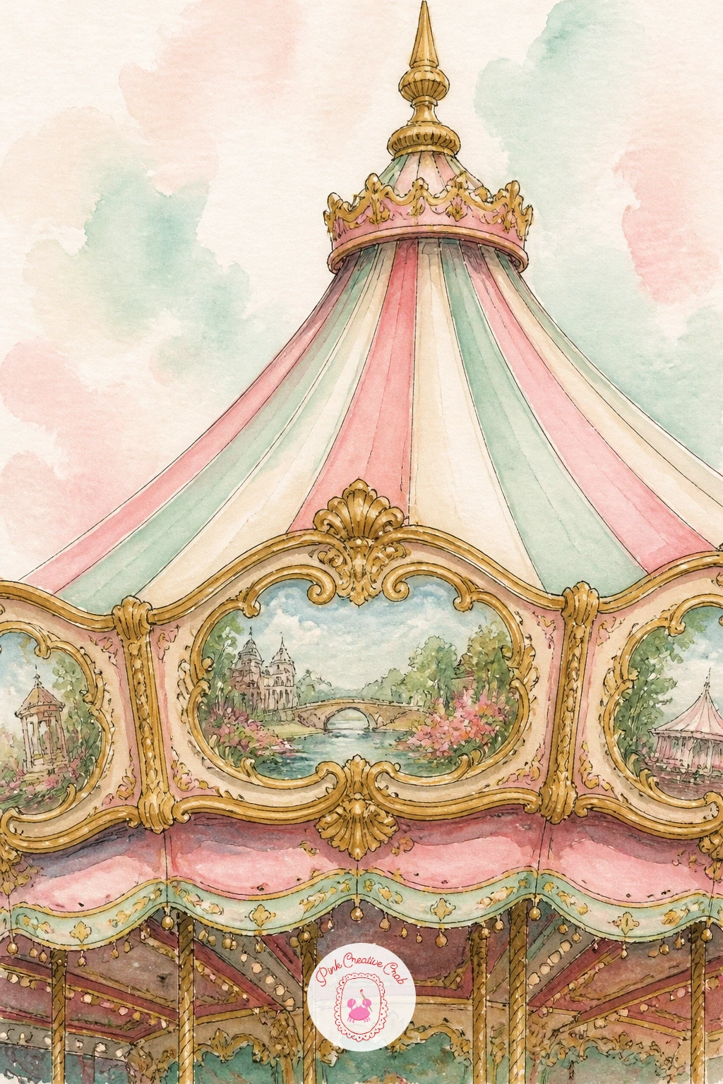 Carousel Canopy With Painted Panels — Carousel canopy with painted panels turns the top of the ride into the whole subject, a chance to paint small decorative
