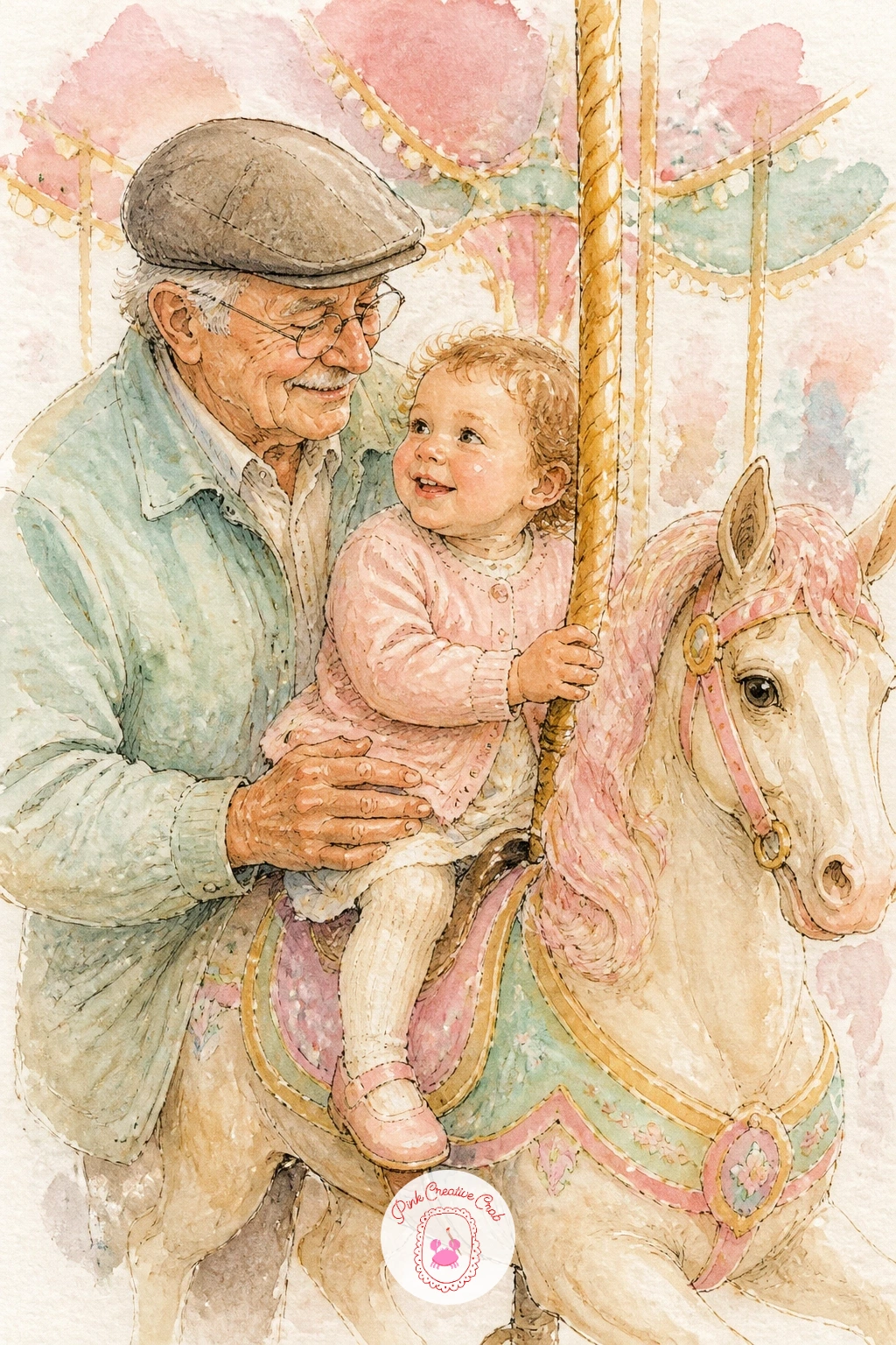 Grandfather Holding a Toddler on a Carousel Horse — Grandfather holding a toddler on a carousel horse gives the scene a gentle, generational warmth that works