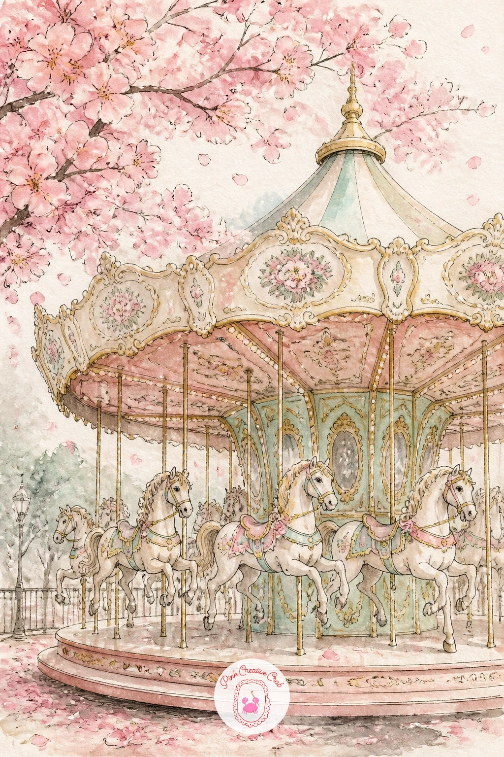 Carousel in Spring With Cherry Blossoms — Carousel in spring with cherry blossoms layers pink on pink, so give the carousel a slightly different pink tone than