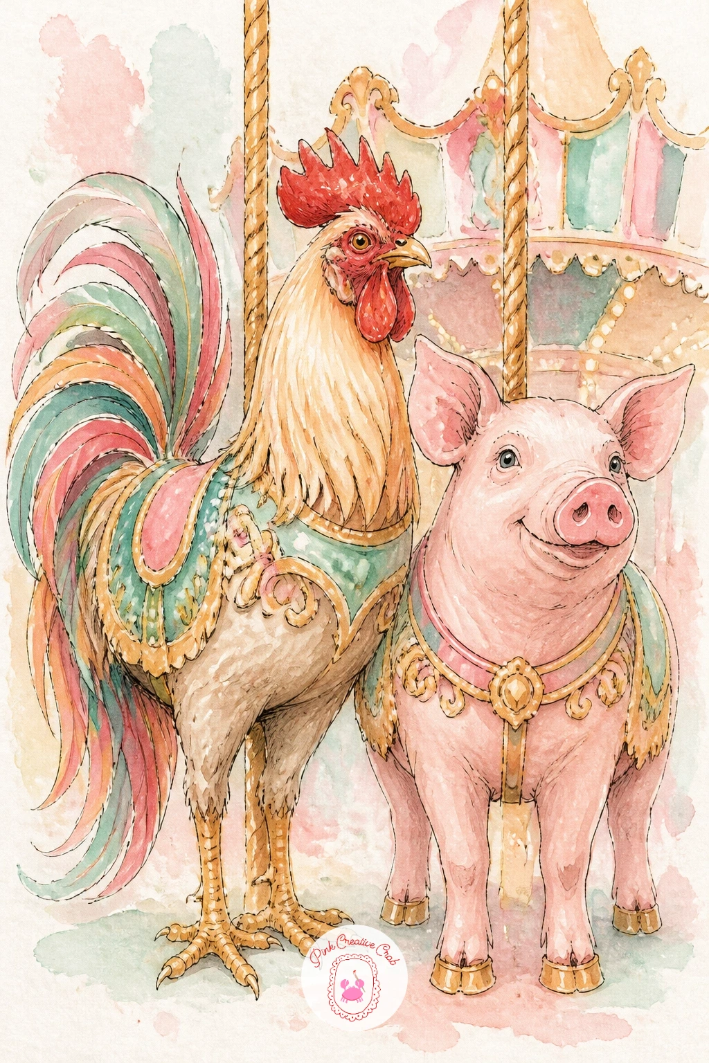 Carousel Rooster and Carousel Pig Side by Side — Carousel rooster and carousel pig side by side breaks from horses entirely and gives you two very different