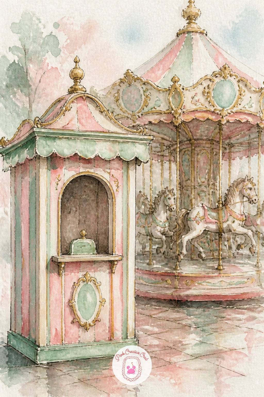 Ticket Booth Beside a Carousel — Ticket booth beside a carousel adds an architectural element to balance out all the round carousel shapes with straight lines