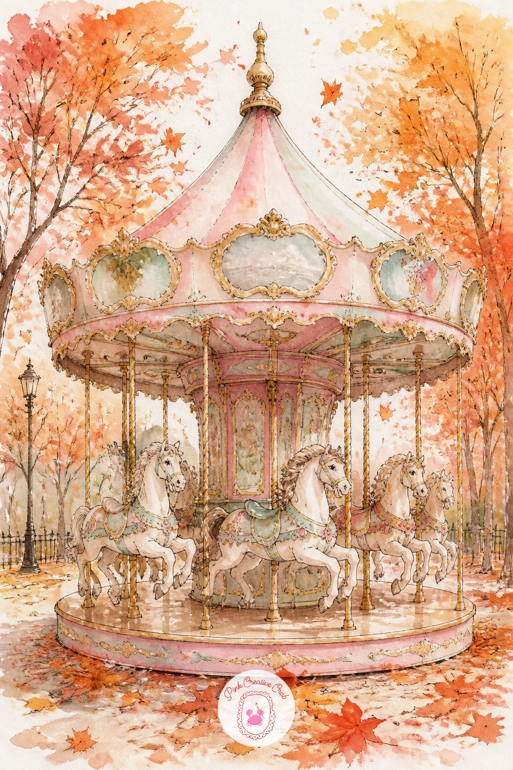 Carousel in an Autumn Park With Falling Leaves — Carousel in an autumn park with falling leaves swaps the usual pastel greens for warm oranges and rusts