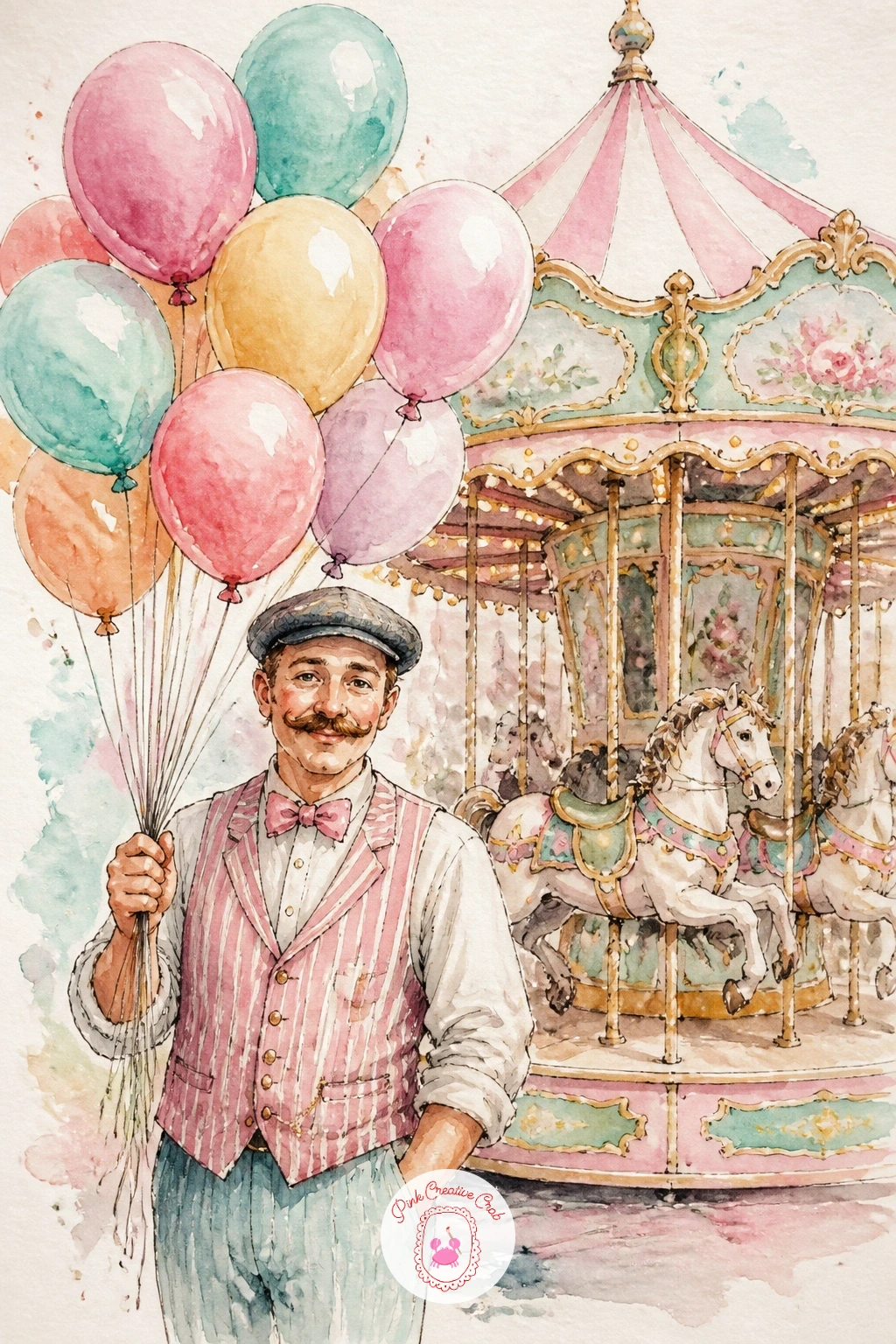 Balloon Seller Next to a Carousel — Balloon seller next to a carousel introduces a cluster of bright round shapes that echo the carousel's own roundness in a