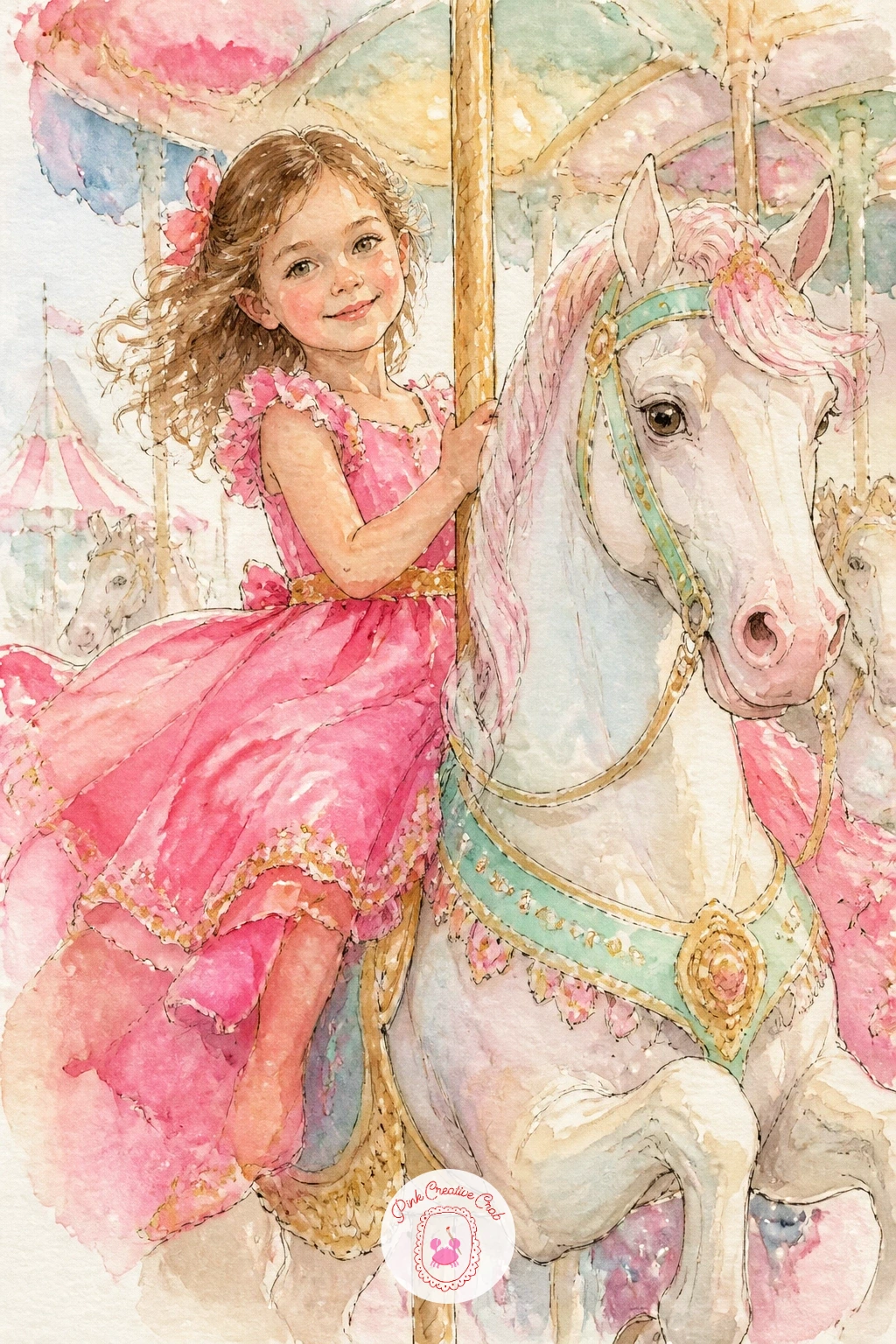 Girl in a Party Dress on a Carousel — Girl in a party dress on a carousel puts the figure's clothing at the centre of the composition, so plan her dress colour