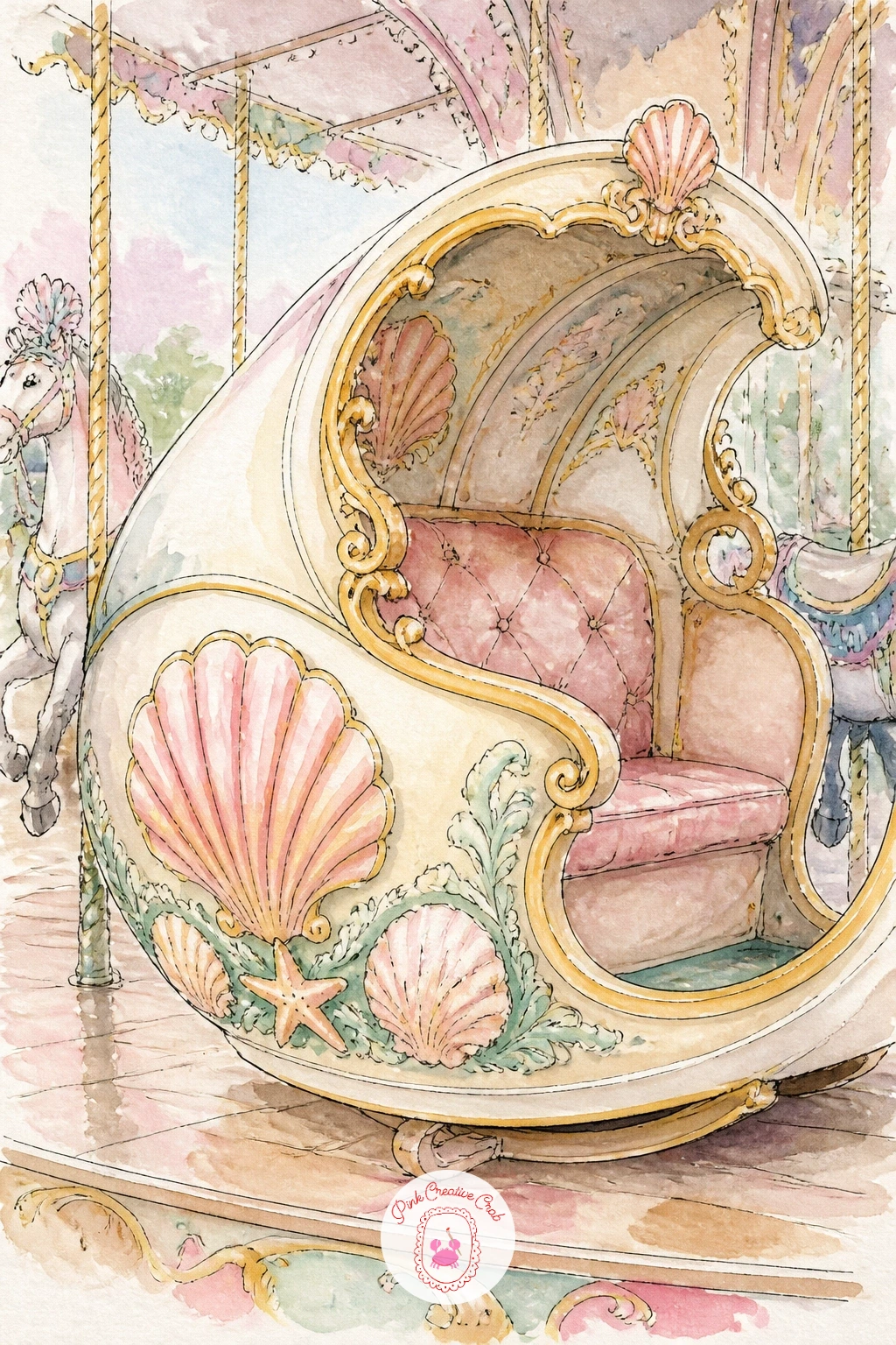 Carousel Chariot Decorated With Shells — Carousel chariot decorated with shells gives you a wider seated shape to paint instead of a horse, with a surface full
