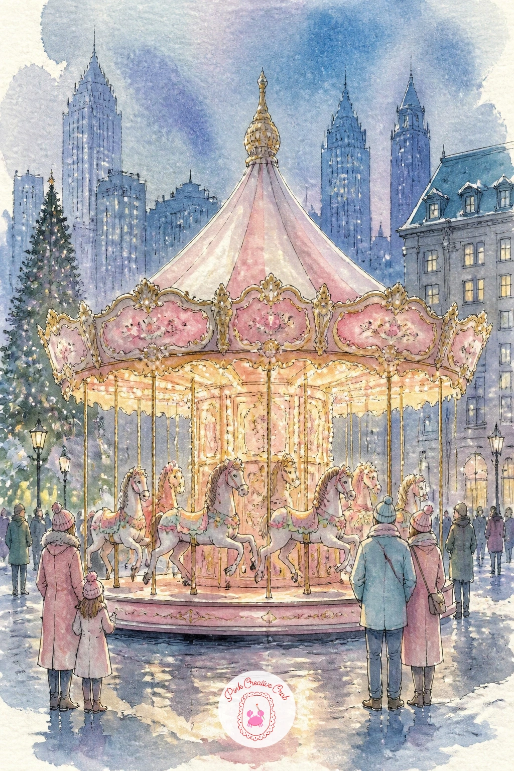 Carousel in a City Square on a Winter Evening — Carousel in a city square on a winter evening brings architecture, lamplight and cold air together around the