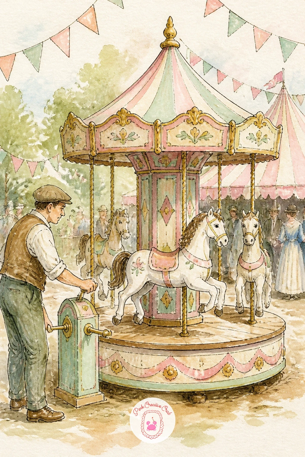 Small Hand-Cranked Carousel at a Village Fete — Small hand-cranked carousel at a village fete scales the whole subject down to something humble and homemade