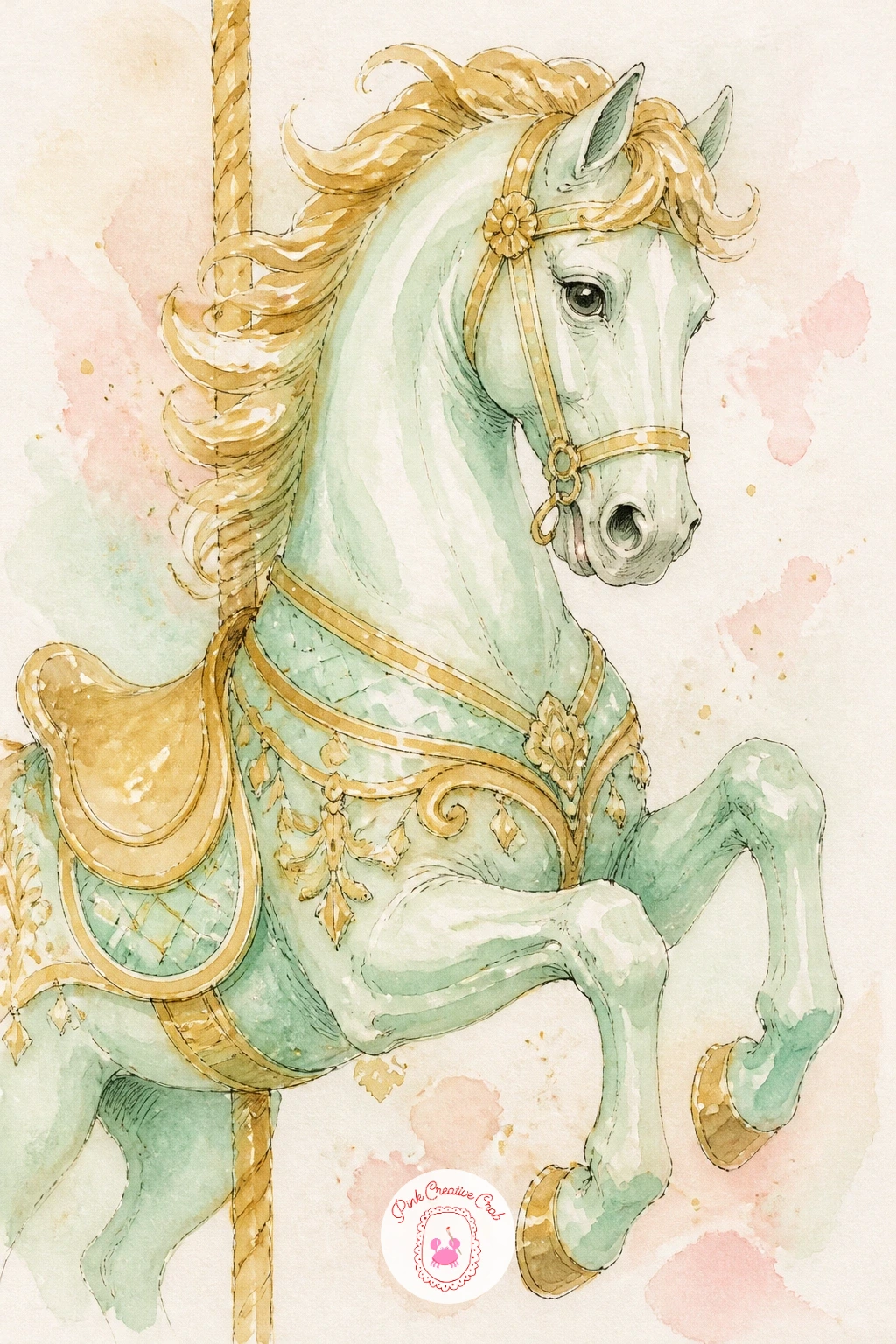 Carousel Horse Painted Mint and Gold — Carousel horse painted mint and gold brings back the full-page single horse portrait but with a cooler colour direction