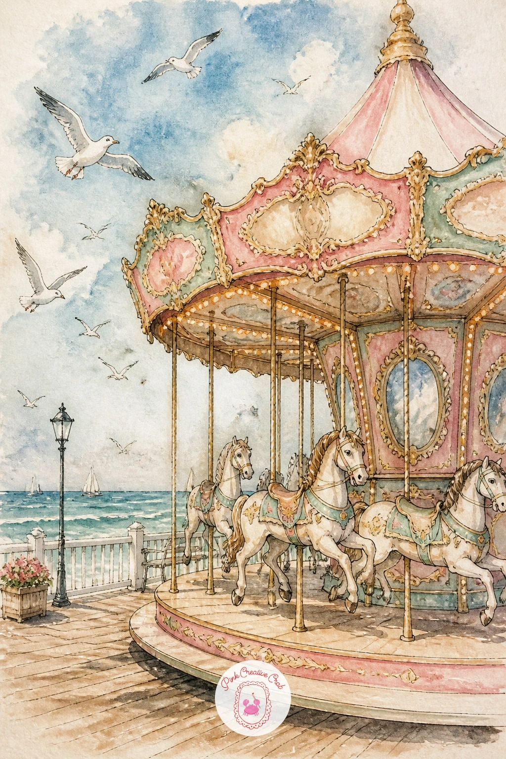 Carousel at a Beach Boardwalk With Gulls — Finish the list with a carousel at a beach boardwalk with gulls, a scene that lets you combine everything practised