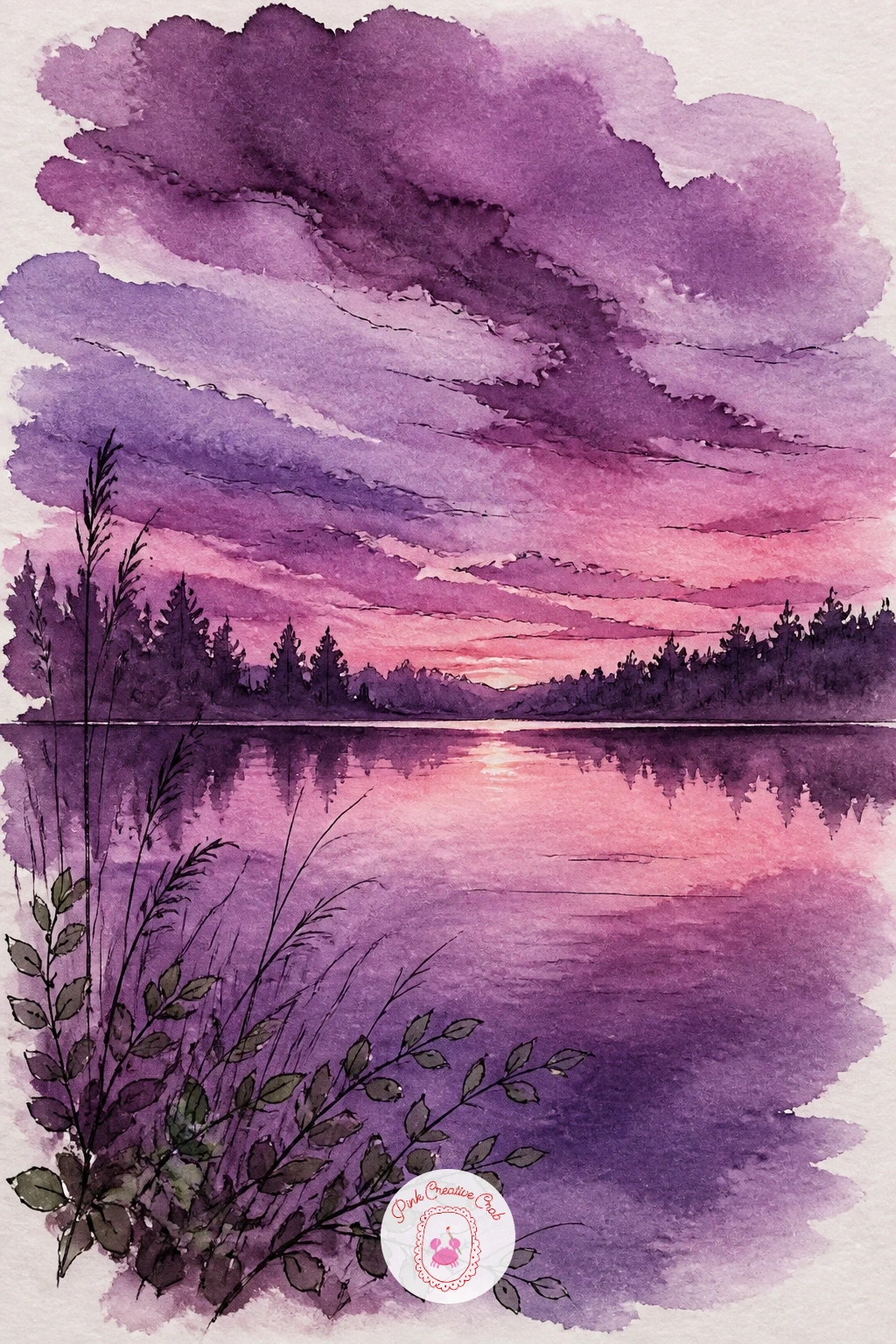 Plum-Colored Sky Over a Quiet Lake — Move from the lane to open sky, since a plum sunset is really just one big soft gradient with almost nothing drawn on top