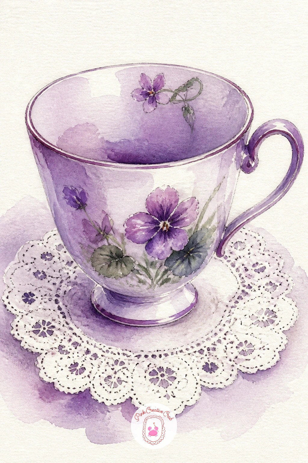Violet Teacup on a Lace Doily — Set up something small and still after that big sky: a violet teacup sitting on a lace doily works well because it is really