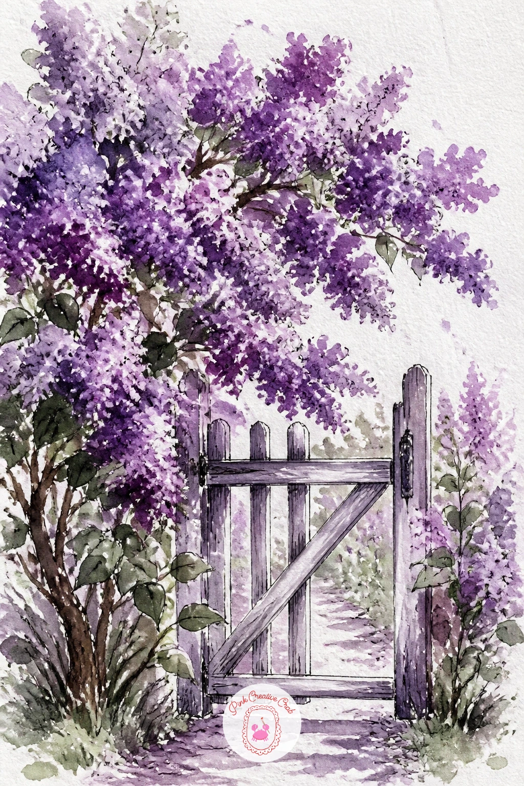 Lilac Bush Over a Garden Gate — A lilac bush brings the sage accent color into play for the first time, since the leaves need a cooler green to hold the purple