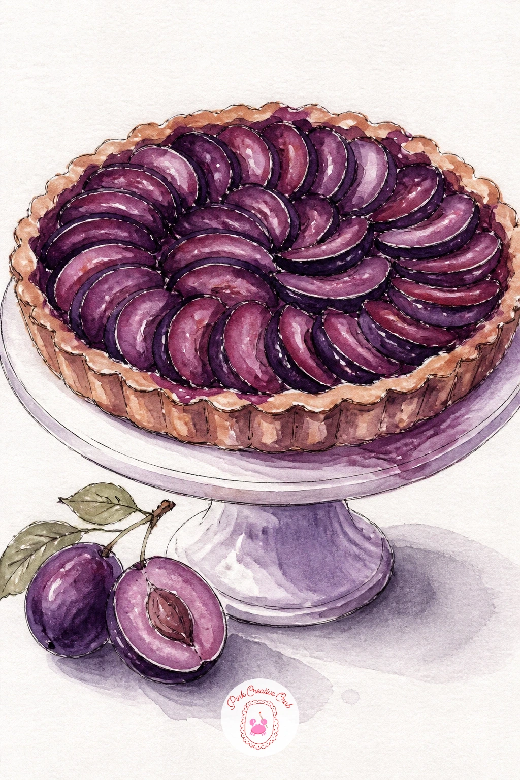 Plum Tart on a Stand — A plum tart on a cake stand is a nice return to still life with a circle and a pedestal to practice. Purple painting