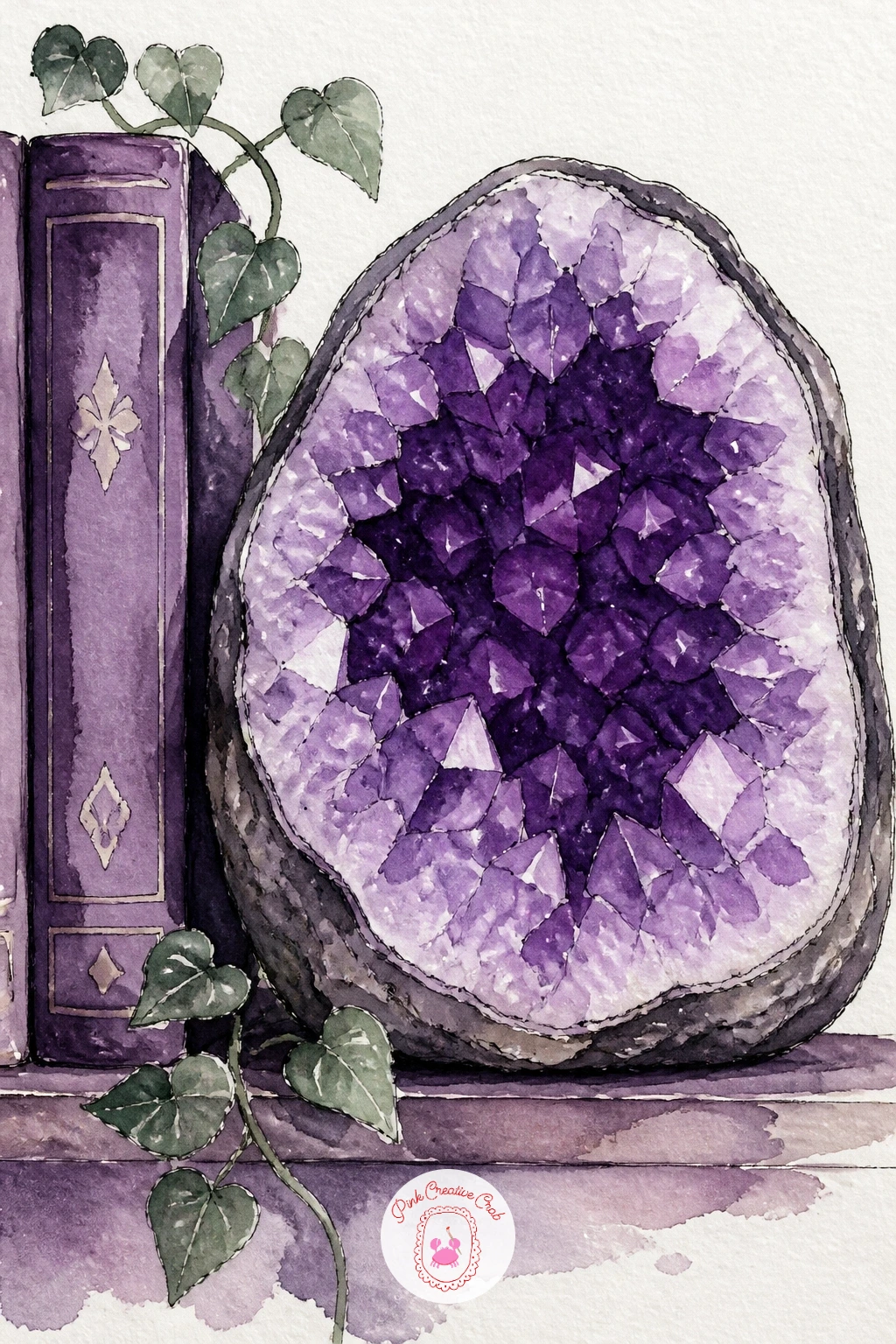 Amethyst Geode on a Bookshelf — A geode is really a cluster of small triangles, which makes it a satisfying change of pace after all the soft curves so far.