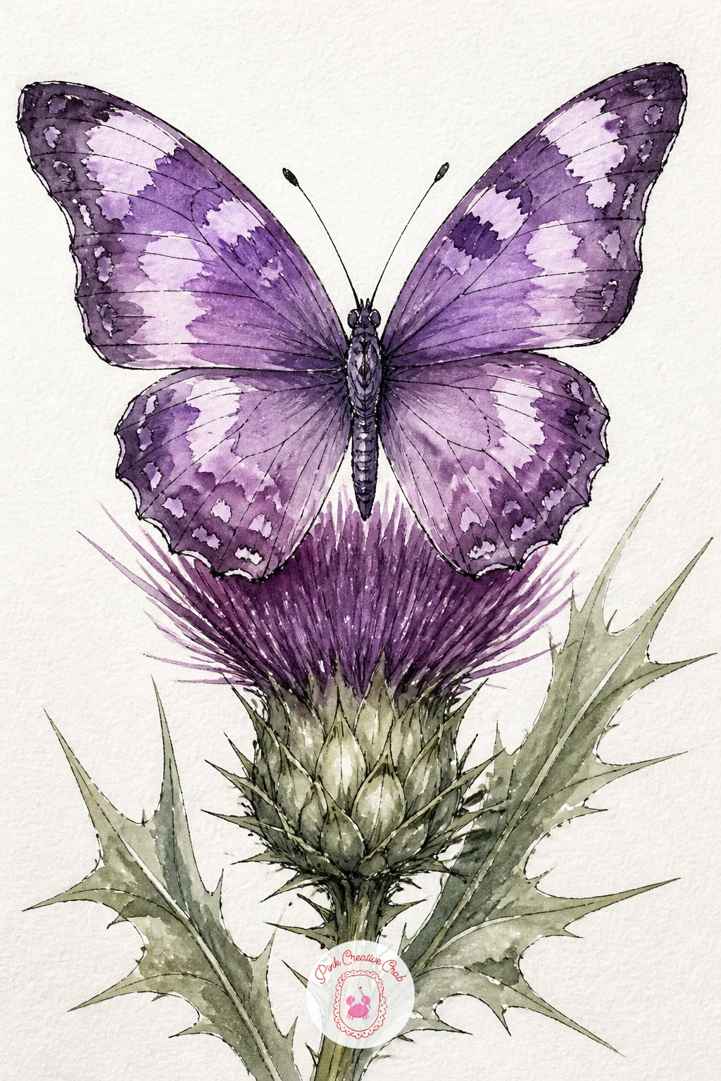 Purple Butterfly on a Thistle — A butterfly gives you a chance to paint fine, careful shapes after several looser scenes, since its wings are symmetrical in a