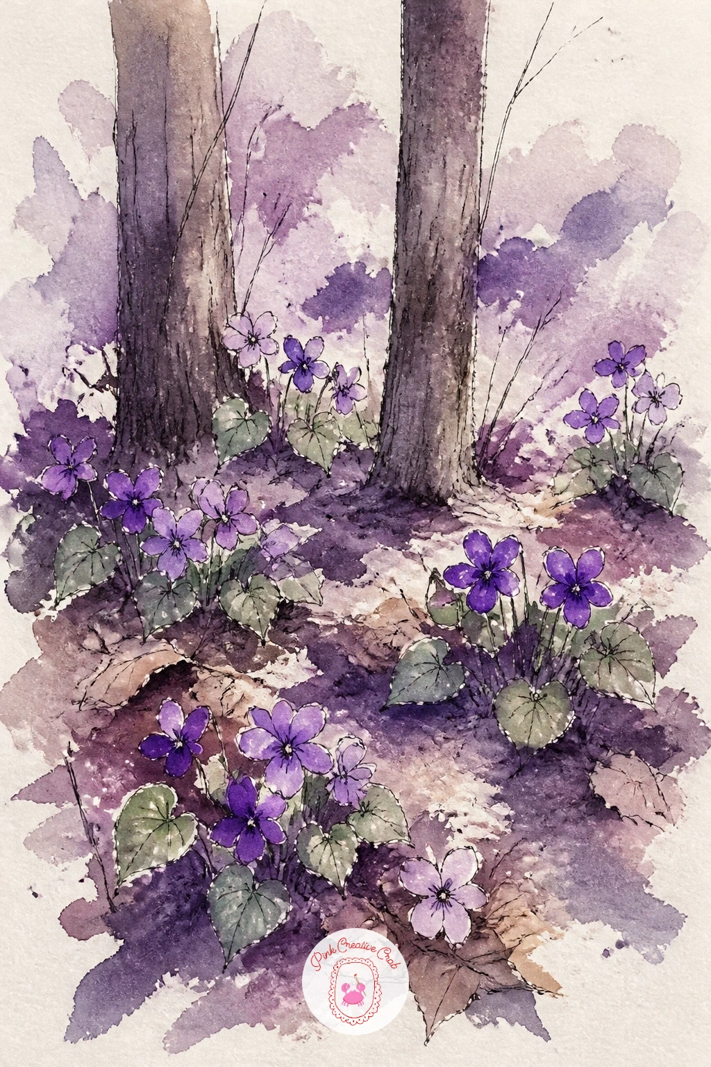 Violet Patch in a Woodland — A patch of wild violets growing in dappled woodland light builds on the crocus field idea but adds trees and shade overhead.