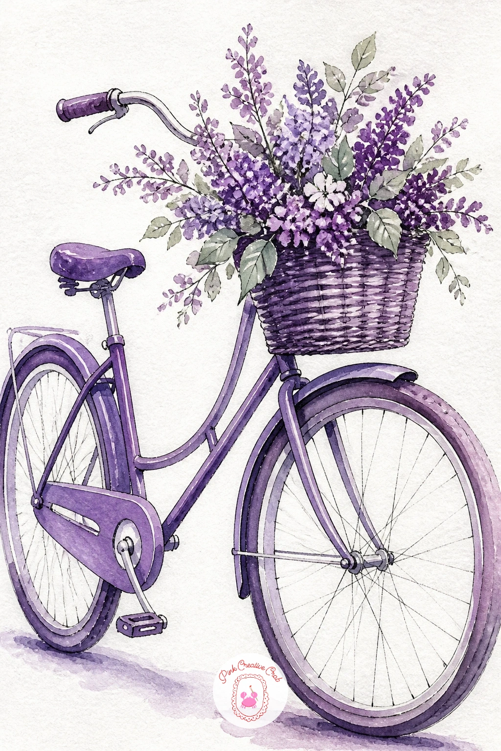 Purple Bicycle With a Flower Basket — A bicycle brings back the structured drawing of the front door and chair, since its frame is built from straight and