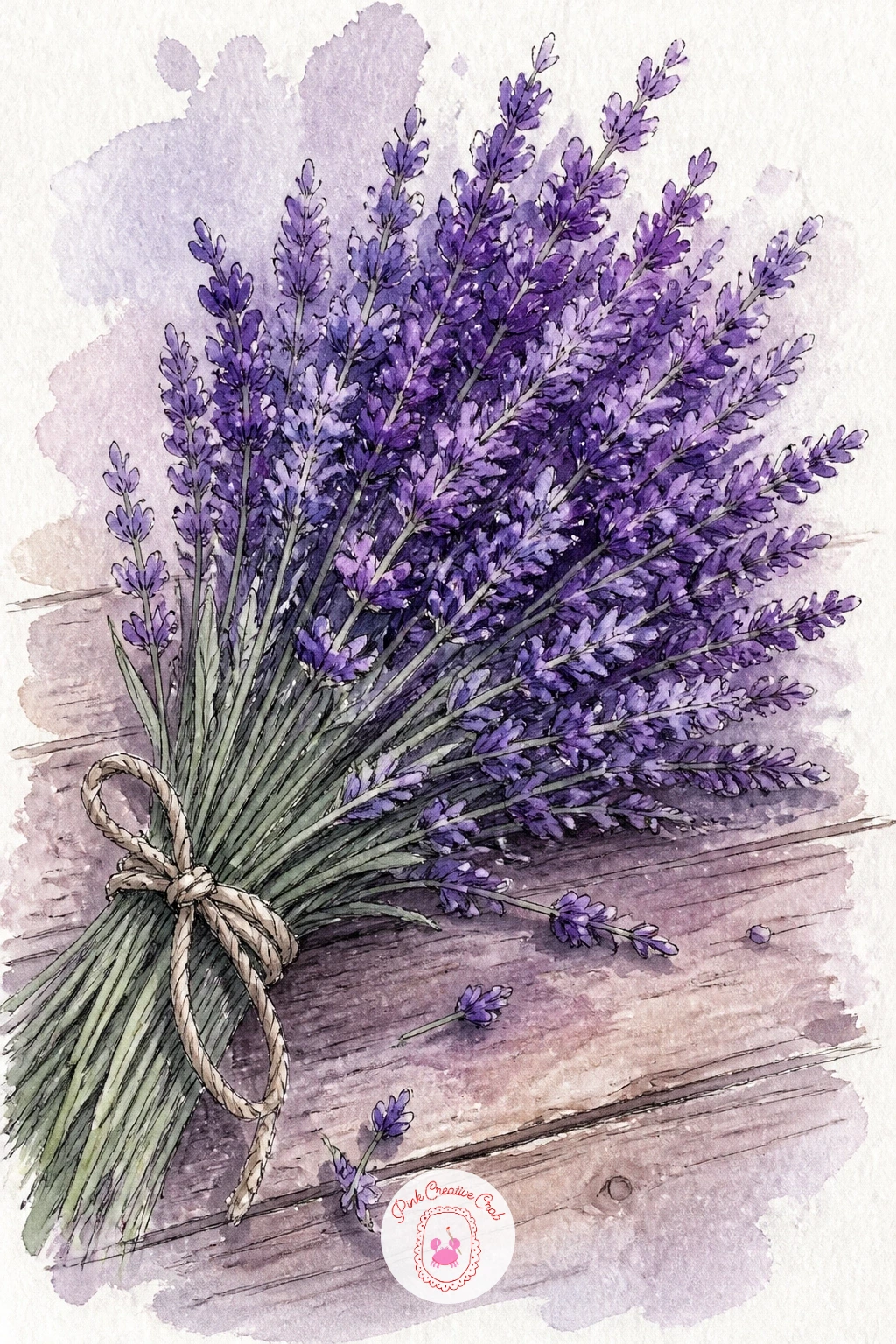 Lavender Bundle on a Wooden Table — Tying the lavender lane's loose dabs into one bundle resting on a table gives you a tighter, more controlled version of