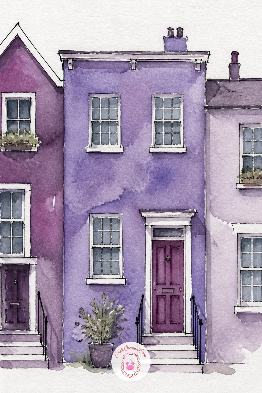 Purple House in a Row of Painted Houses — A single purple house set among a row of neighbors is a chance to practice a small building after the simpler door