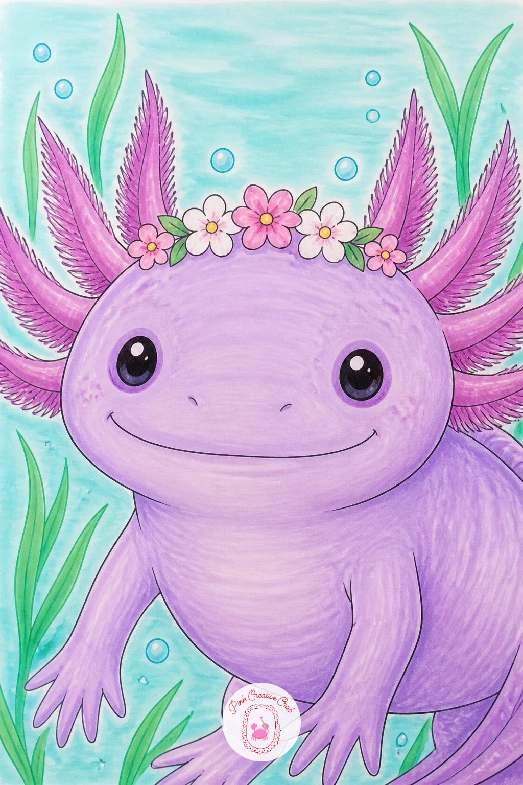 Axolotl With a Tiny Flower Crown — Build on that same smiling body and this time add a small ring of flowers sitting between the gill stalks like a crown.