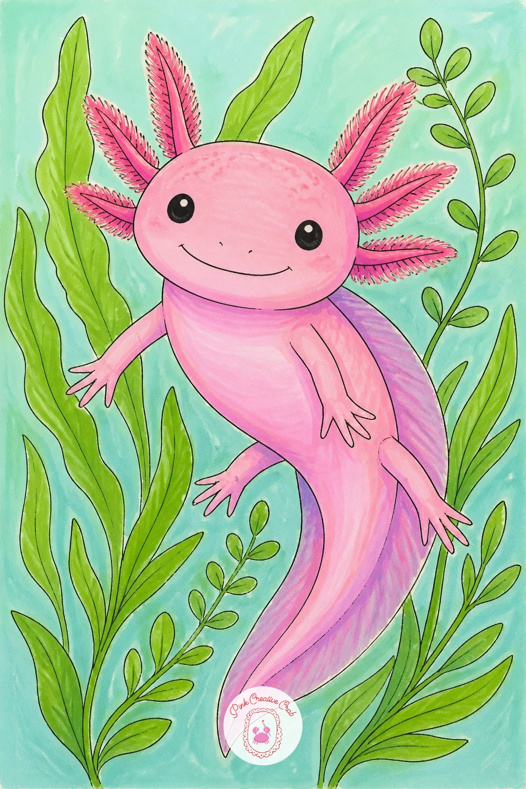 Smiling Axolotl Among Water Plants — Start here, because this is the one face every other idea in this list borrows from. Axolotl drawing